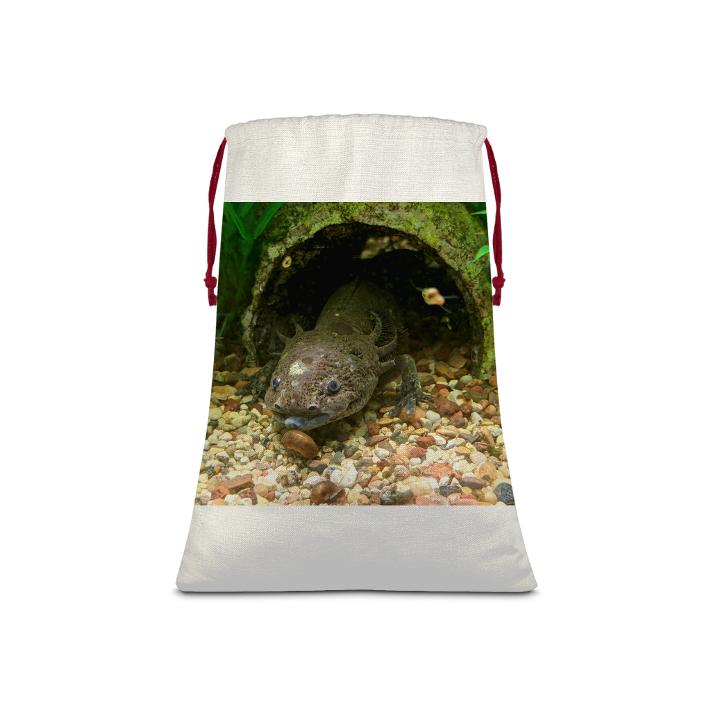 Axoltl Sublimation Linen Drawstring Sack with red drawstring, featuring eco-friendly printed design, ideal for Christmas gifts and laundry.