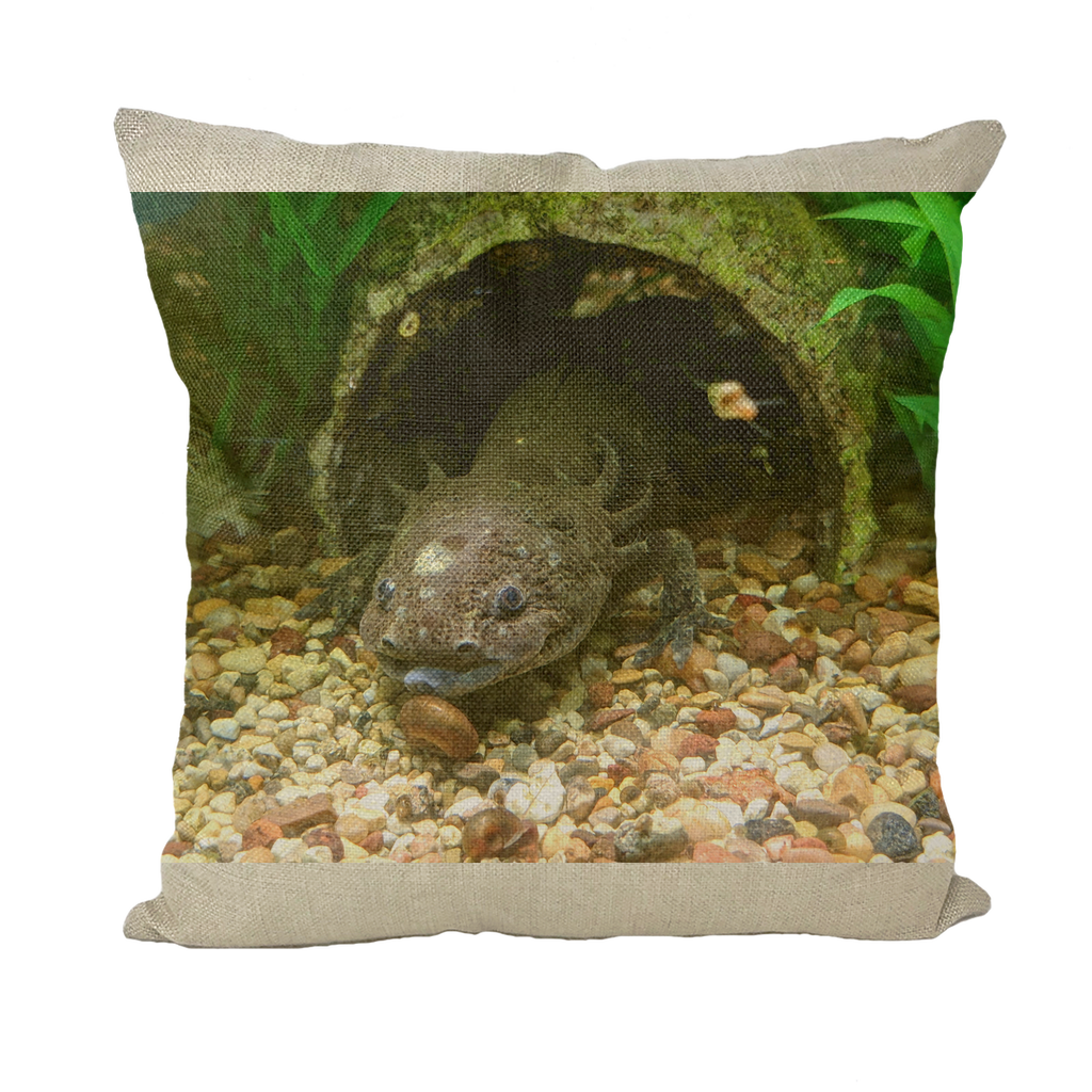 A collection of Axolotl Throw Pillows in various styles including linen, canvas, and suede, showcasing vibrant designs and high-quality materials.