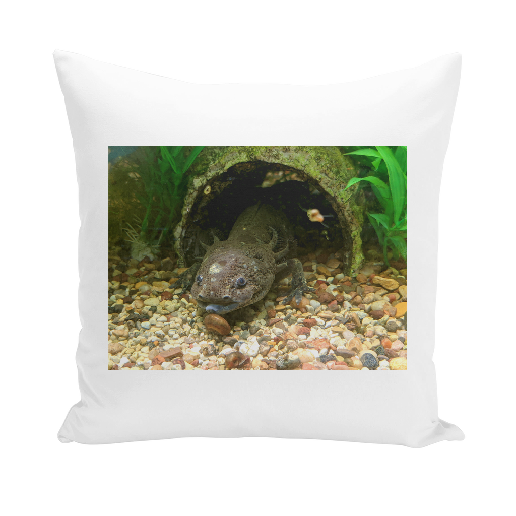 A collection of Axolotl Throw Pillows in various styles including linen, canvas, and suede, showcasing vibrant designs and high-quality materials.