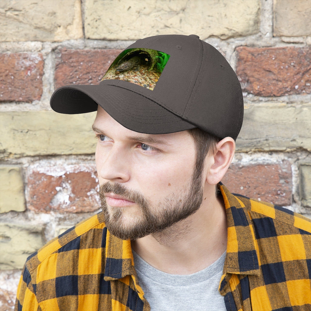 Axoltl Unisex Twill Hat in cotton twill fabric, featuring a classic 6-panel design and adjustable Velcro closure.