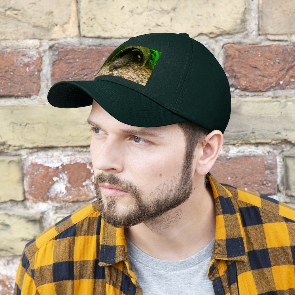 Axoltl Unisex Twill Hat in cotton twill fabric, featuring a classic 6-panel design and adjustable Velcro closure.