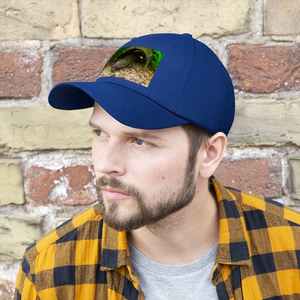 Axoltl Unisex Twill Hat in cotton twill fabric, featuring a classic 6-panel design and adjustable Velcro closure.