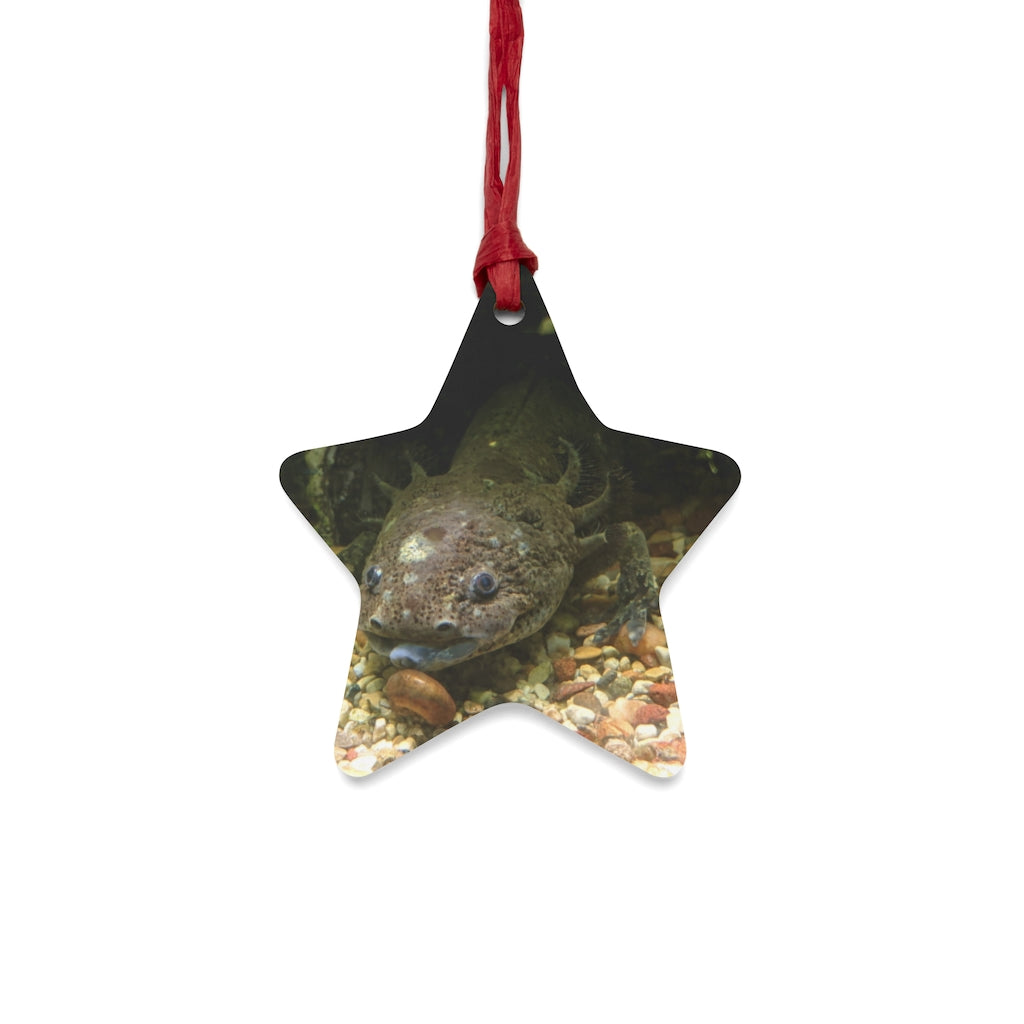 A collection of Axolotl Wooden Christmas Ornaments in various whimsical shapes, featuring a rustic wooden finish and red ribbons for hanging.