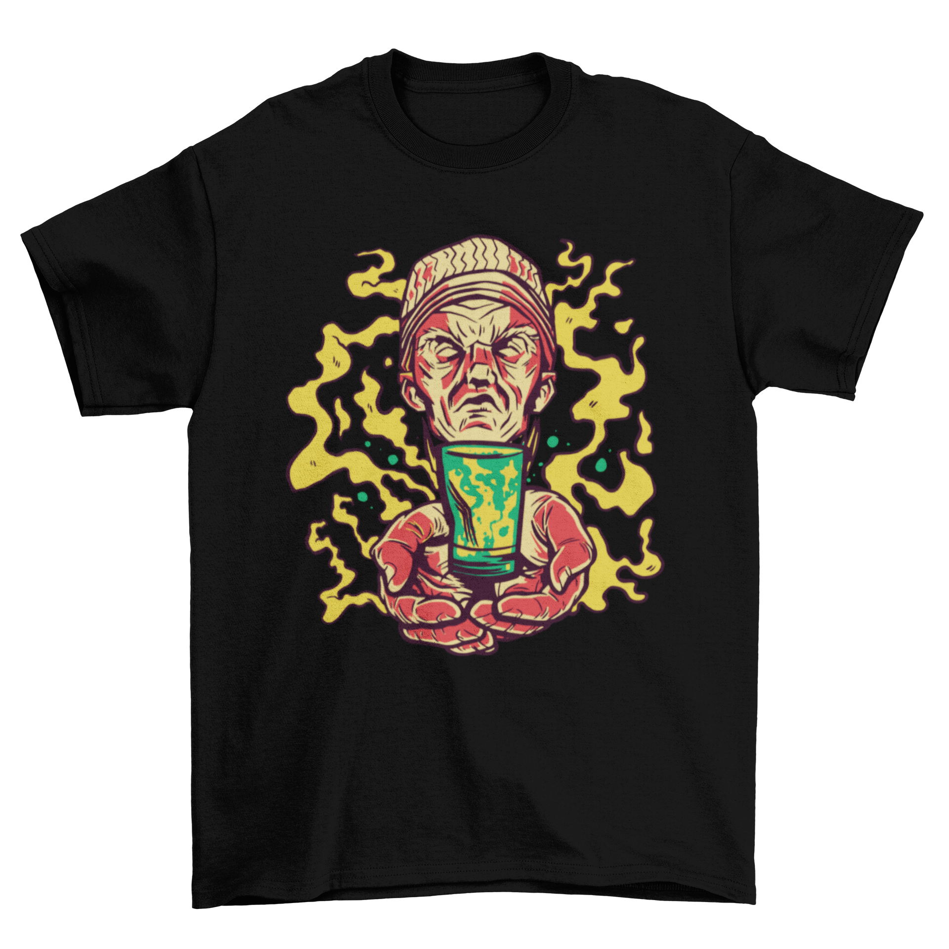 Ayahuasca t-shirt featuring an illustration of a man holding an ayahuasca drink, showcasing vibrant colors and intricate design.