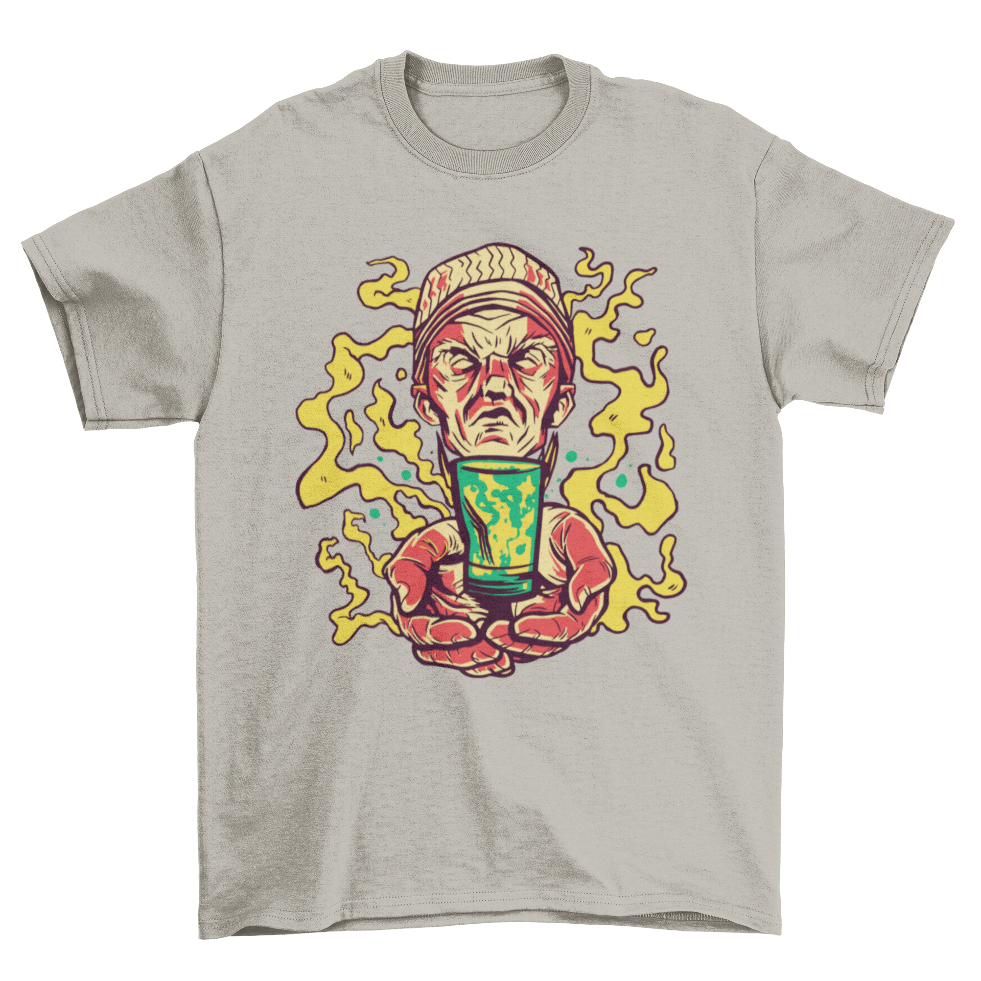 Ayahuasca t-shirt featuring an illustration of a man holding an ayahuasca drink, showcasing vibrant colors and intricate design.