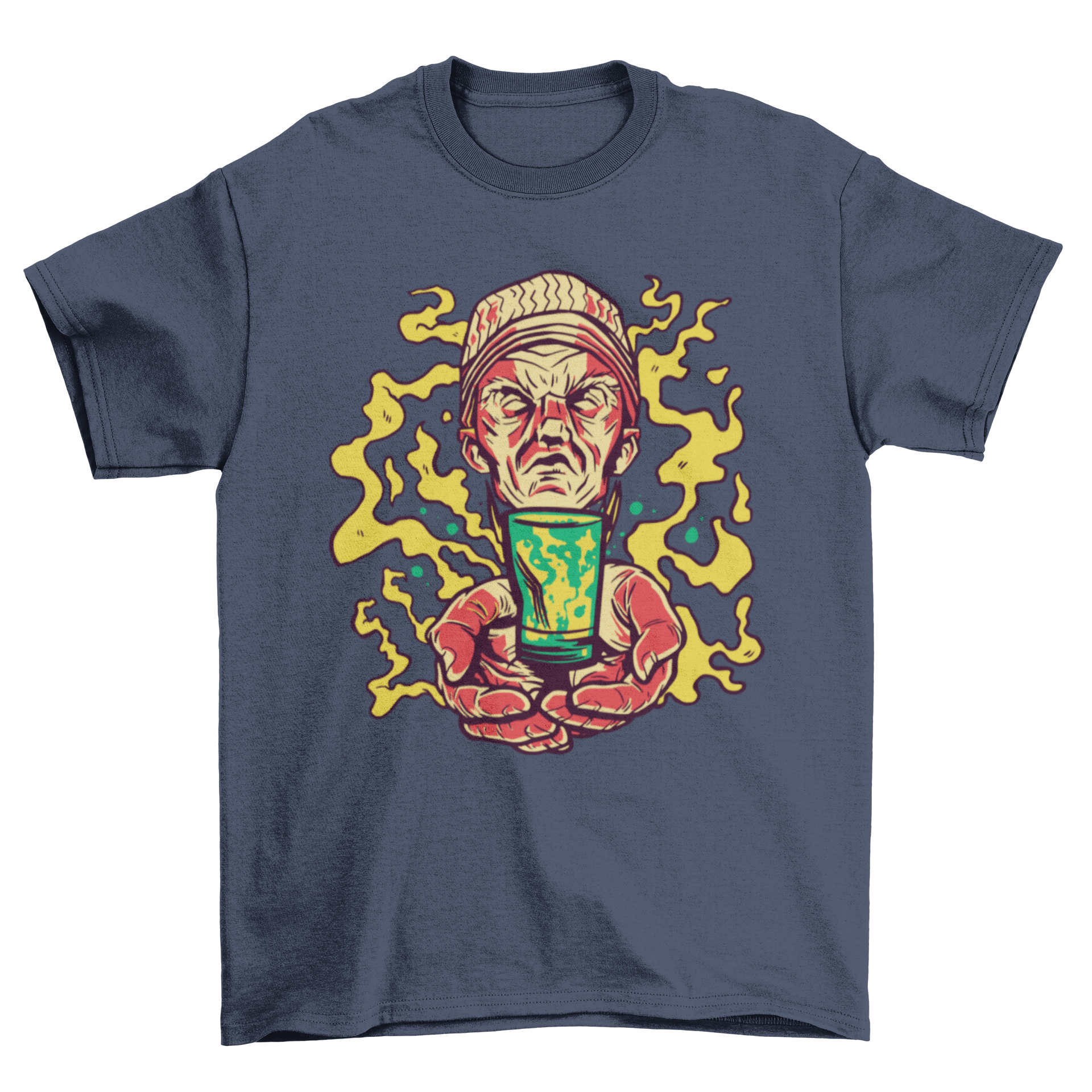 Ayahuasca t-shirt featuring an illustration of a man holding an ayahuasca drink, showcasing vibrant colors and intricate design.