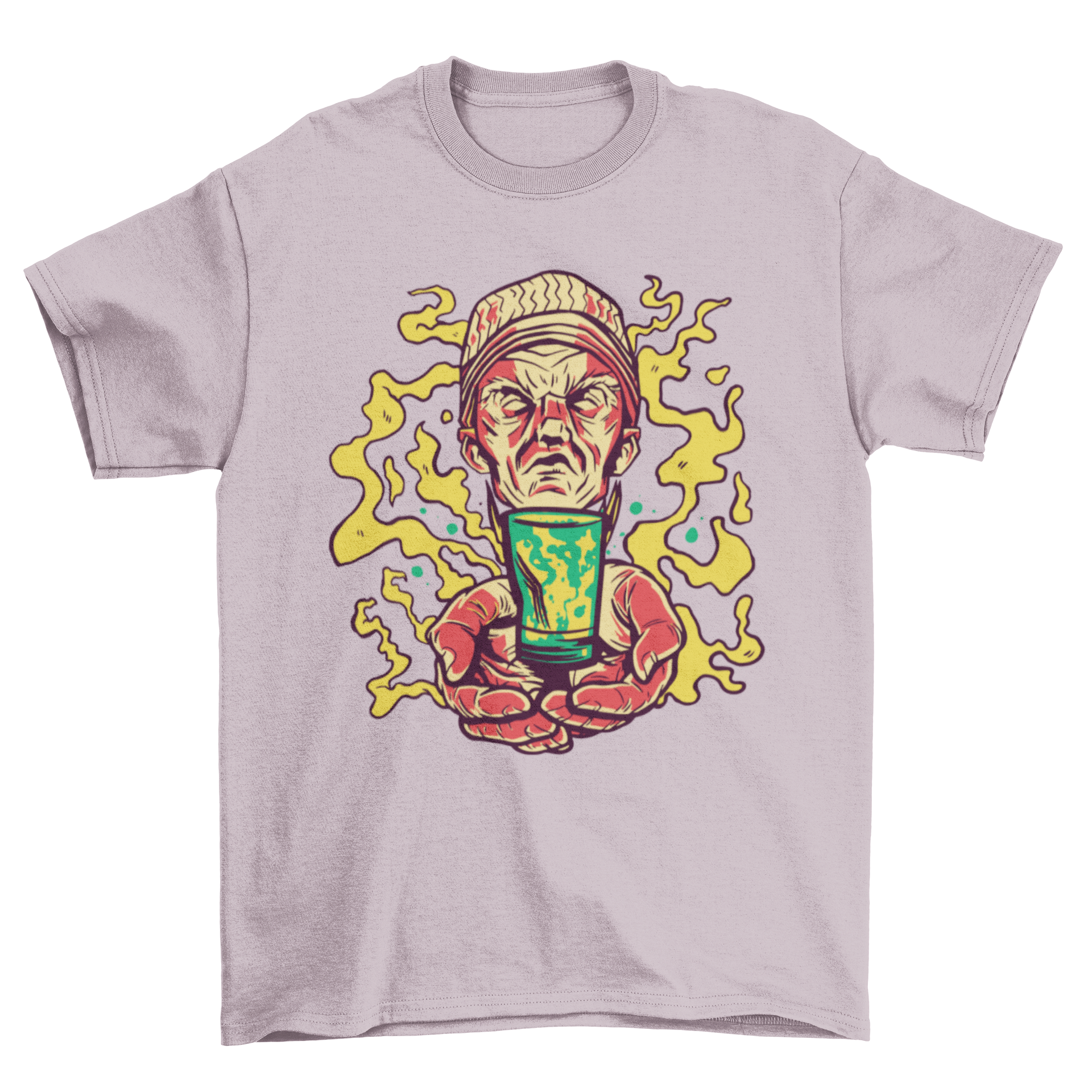 Ayahuasca t-shirt featuring an illustration of a man holding an ayahuasca drink, showcasing vibrant colors and intricate design.