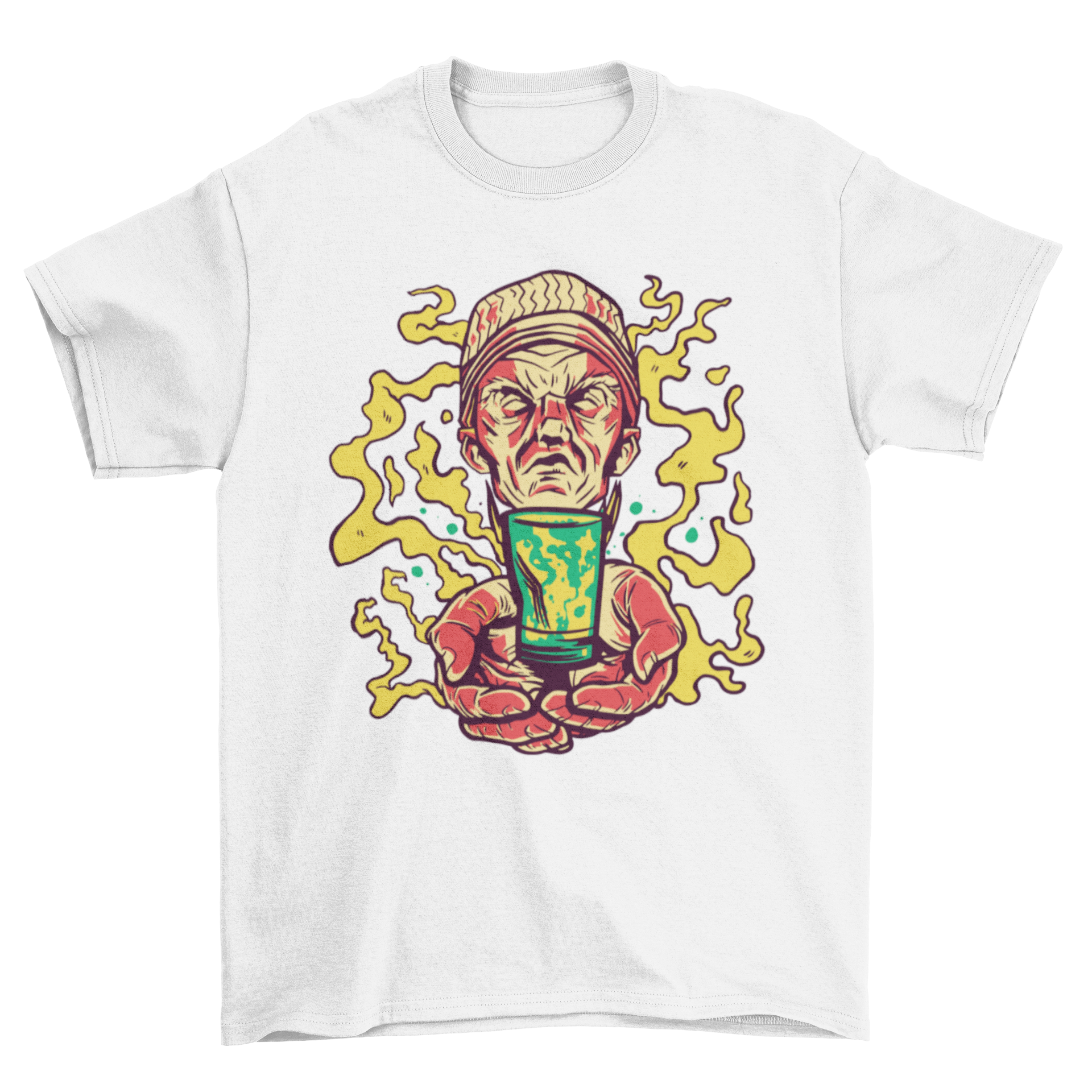 Ayahuasca t-shirt featuring an illustration of a man holding an ayahuasca drink, showcasing vibrant colors and intricate design.