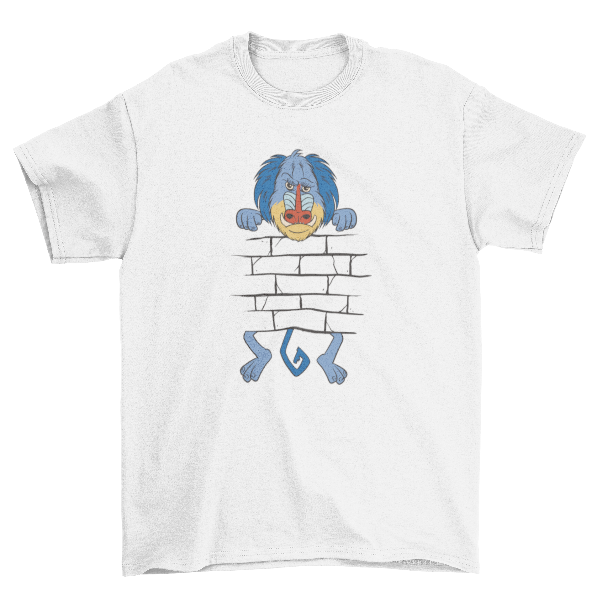 A humorous t-shirt featuring a baboon peeking from behind a brick wall, showcasing a playful design.