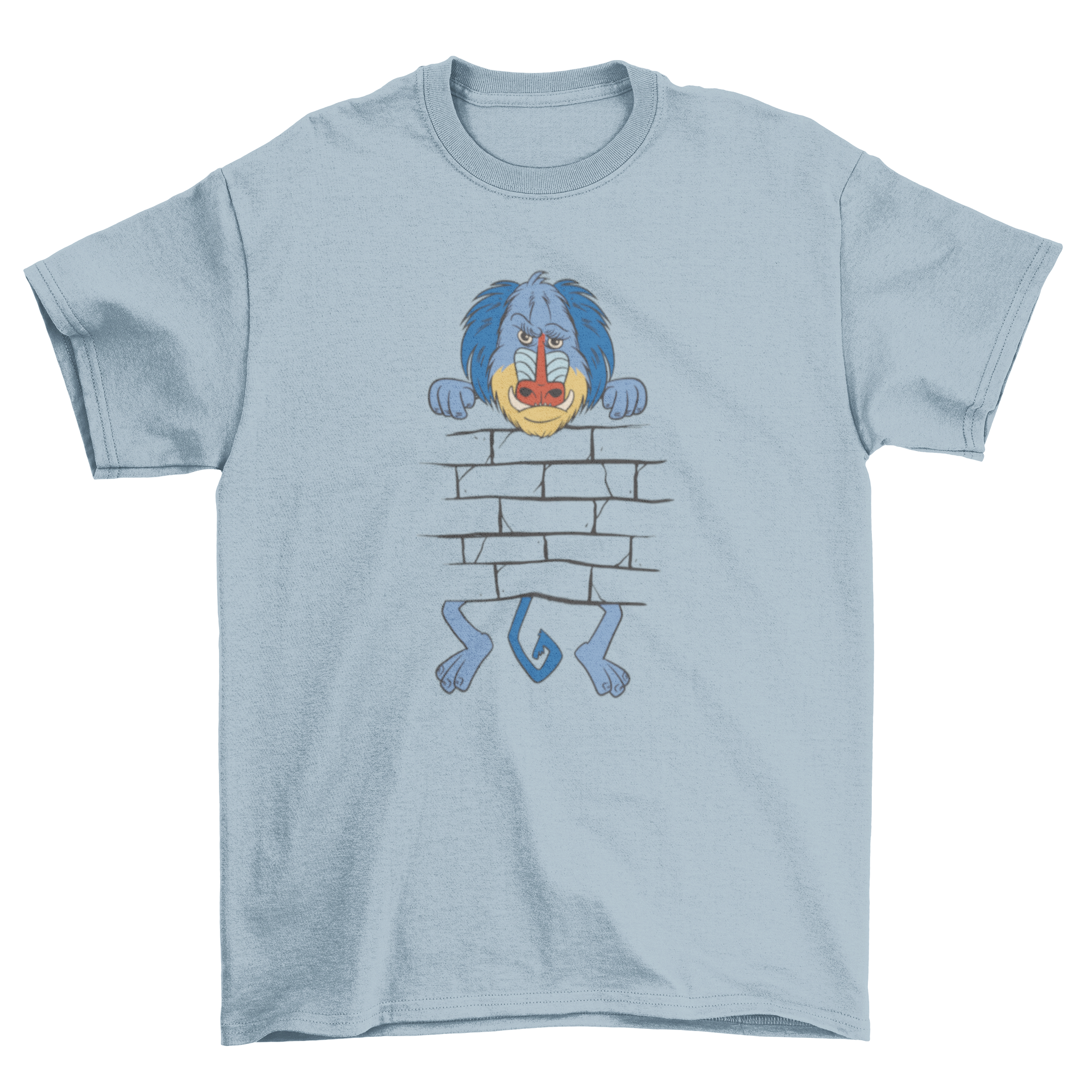 A humorous t-shirt featuring a baboon peeking from behind a brick wall, showcasing a playful design.