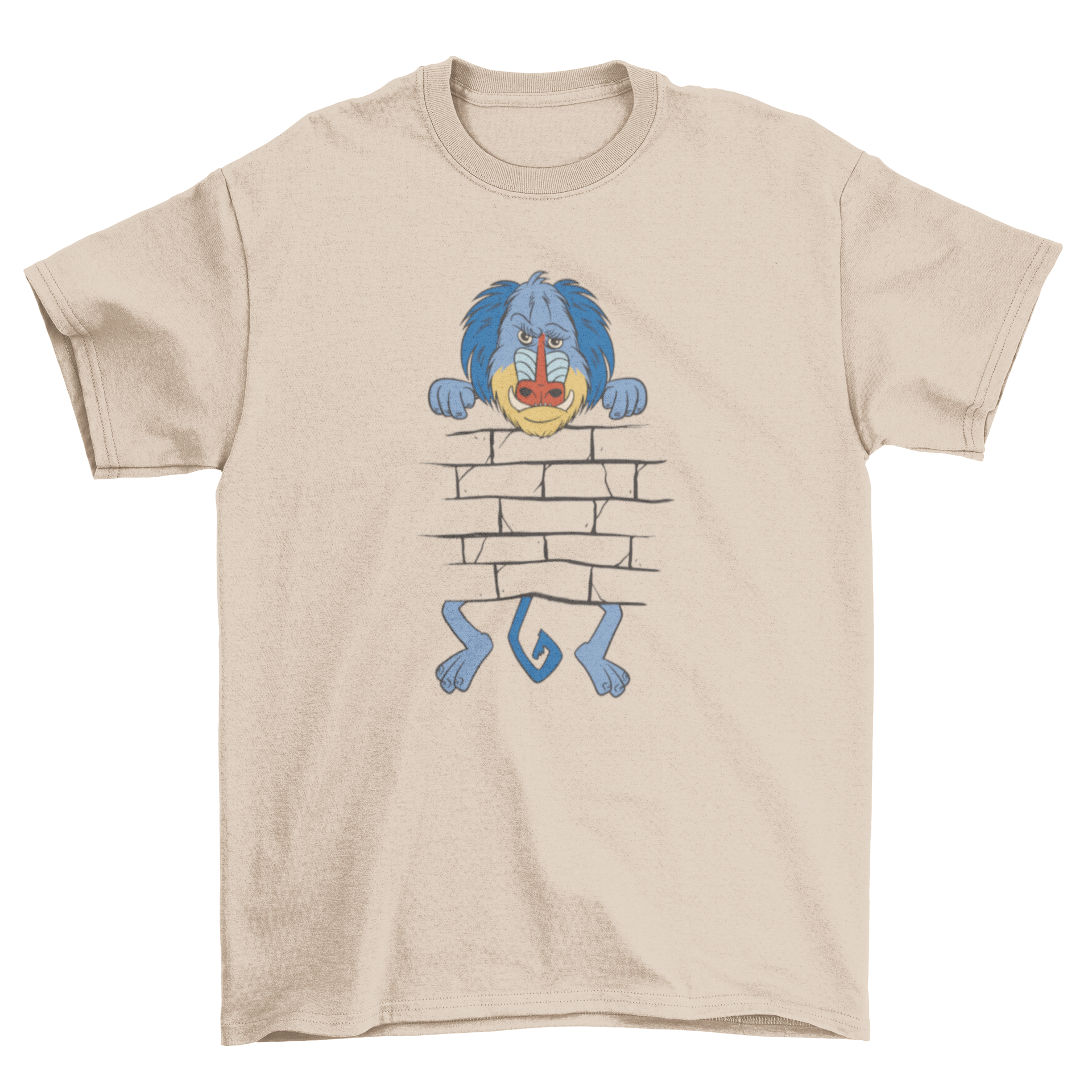 A humorous t-shirt featuring a baboon peeking from behind a brick wall, showcasing a playful design.