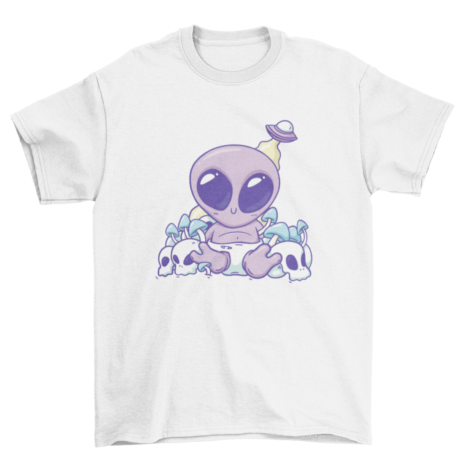 A cute baby alien t-shirt design featuring a baby alien surrounded by colorful skulls and mushrooms.