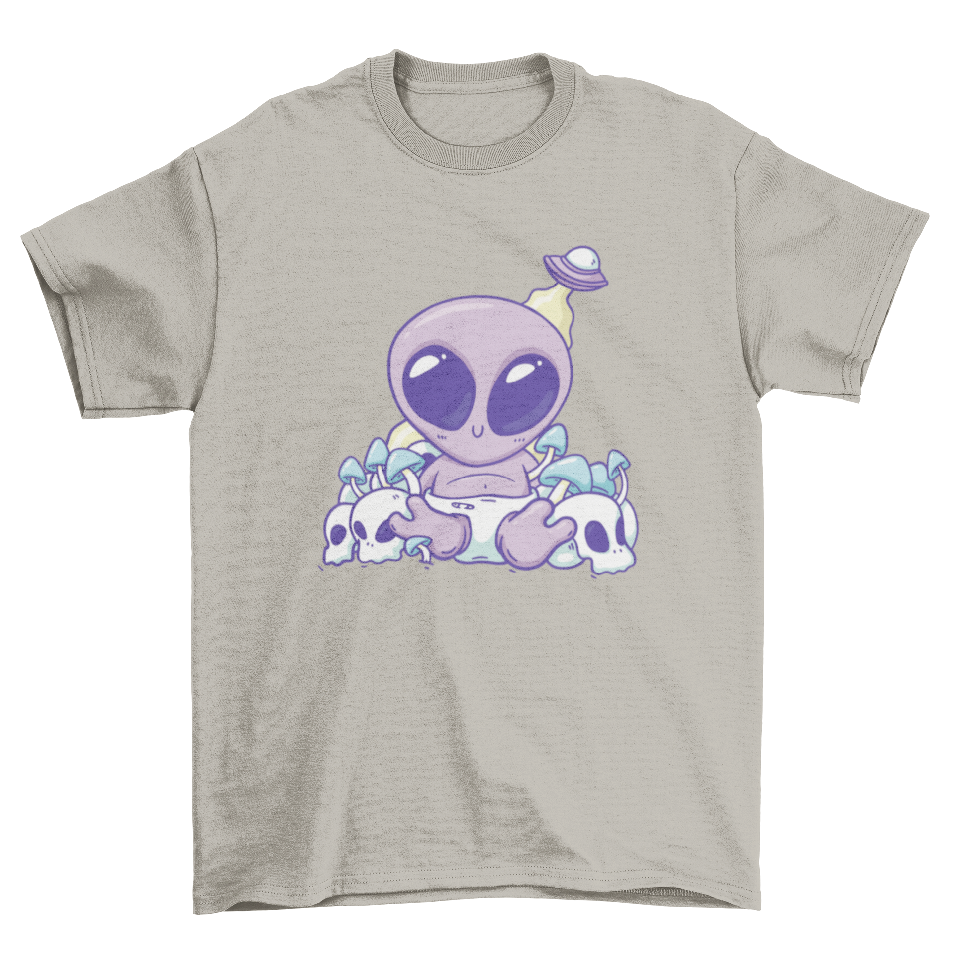 A cute baby alien t-shirt design featuring a baby alien surrounded by colorful skulls and mushrooms.