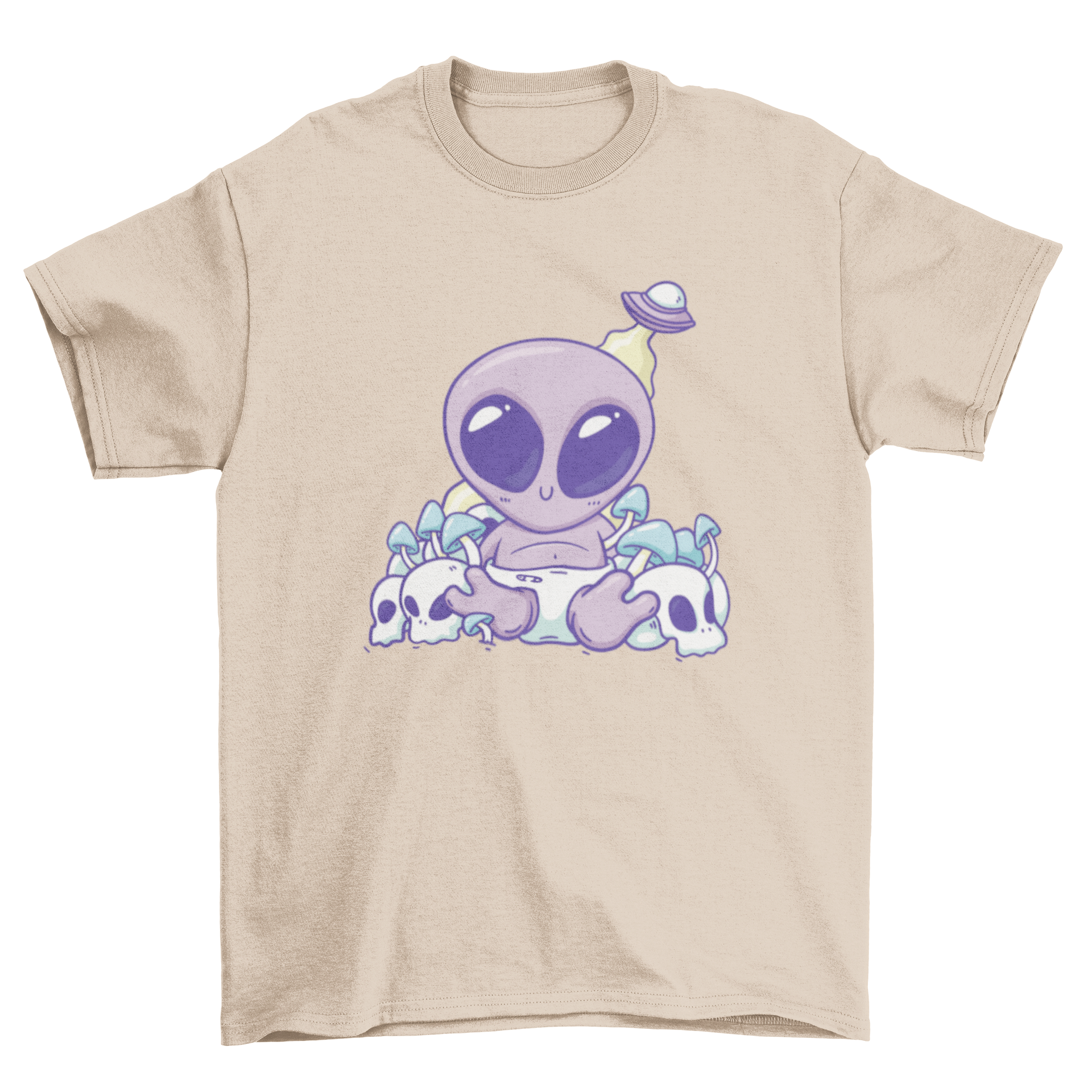 A cute baby alien t-shirt design featuring a baby alien surrounded by colorful skulls and mushrooms.