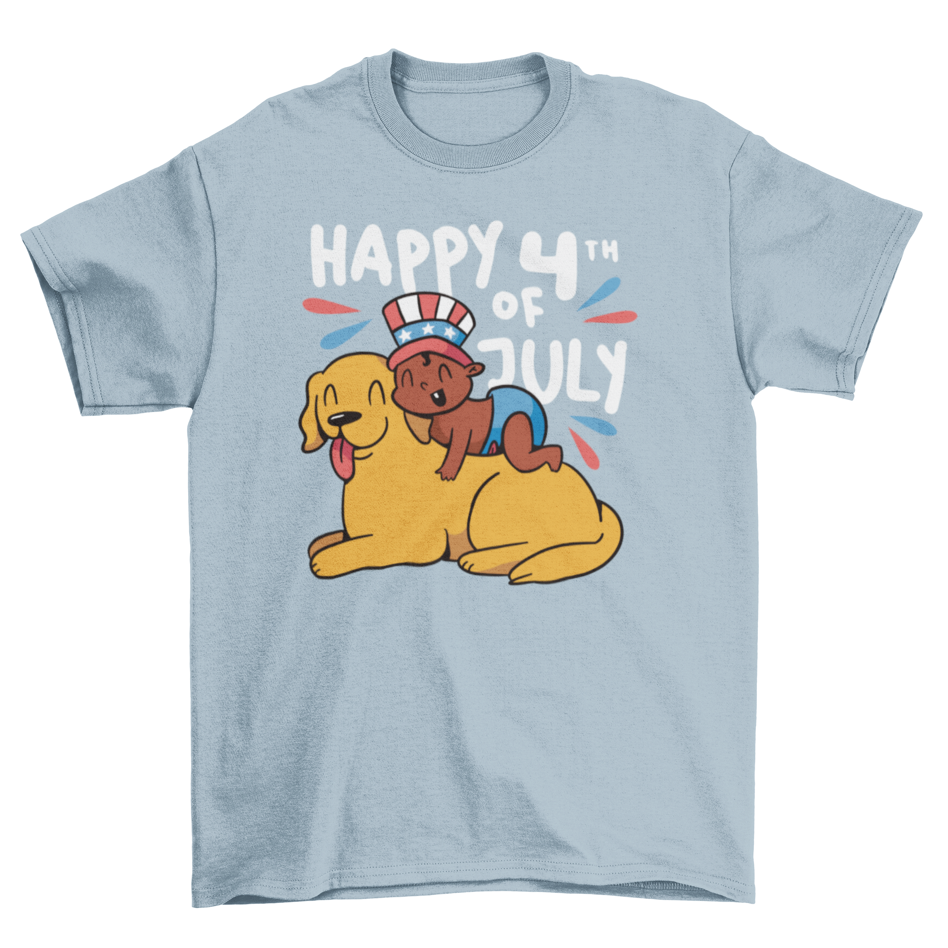 Adorable Baby and Dog Fourth of July T-shirt featuring a baby with an American hat on a dog, celebrating Independence Day.