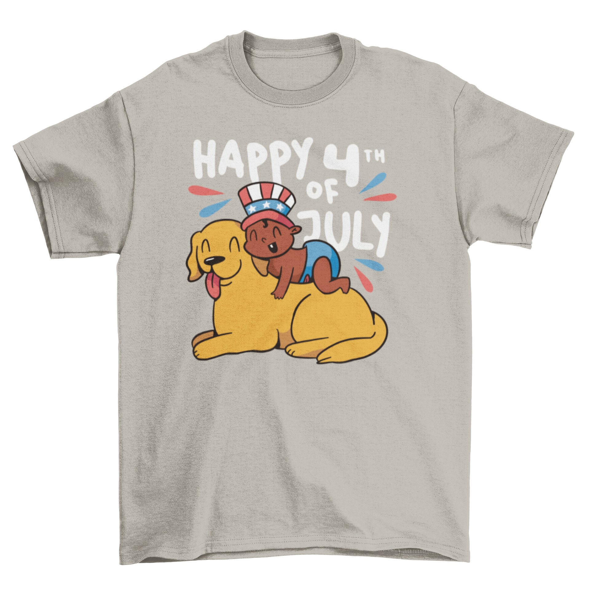 Adorable Baby and Dog Fourth of July T-shirt featuring a baby with an American hat on a dog, celebrating Independence Day.