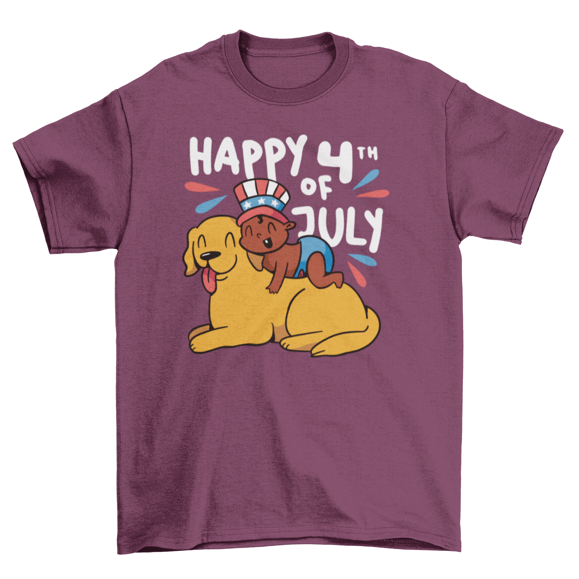 Adorable Baby and Dog Fourth of July T-shirt featuring a baby with an American hat on a dog, celebrating Independence Day.