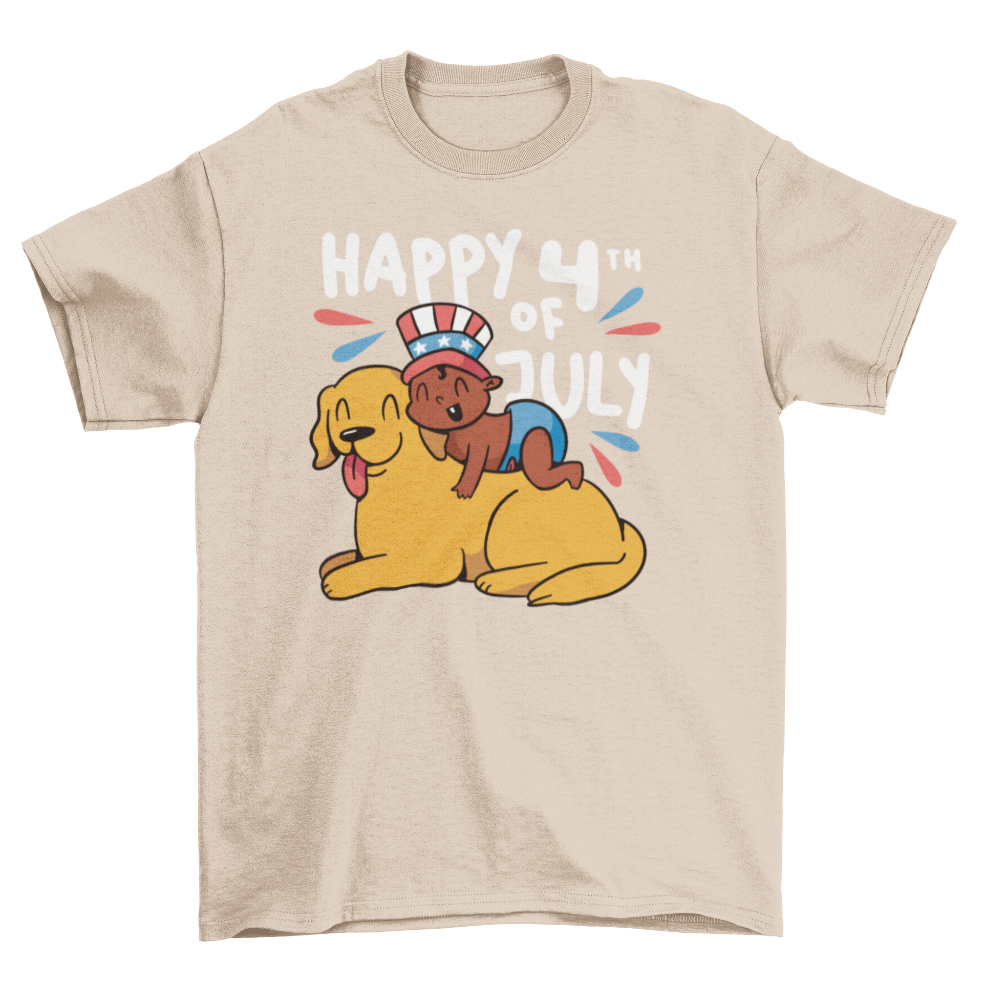 Adorable Baby and Dog Fourth of July T-shirt featuring a baby with an American hat on a dog, celebrating Independence Day.