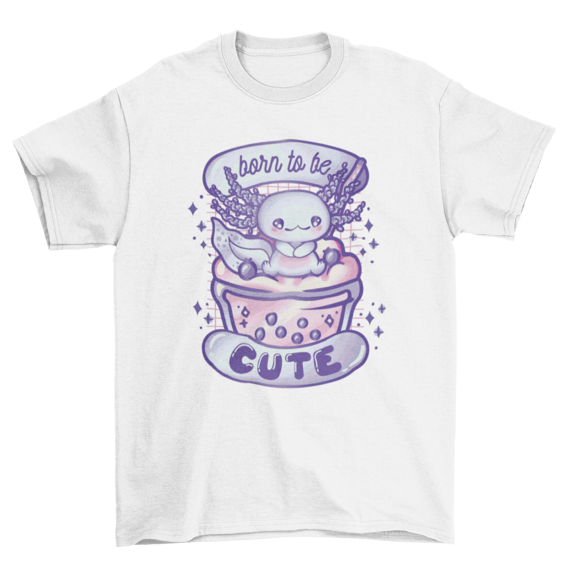 Adorable baby axolotl t-shirt design featuring a cute axolotl and the quote 'Born to be cute'.