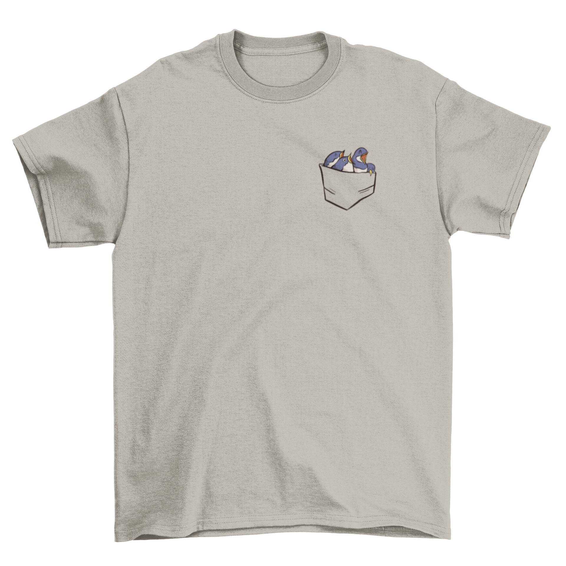 A cute t-shirt featuring four colorful baby birds peeking out of a shirt pocket, perfect for kids.