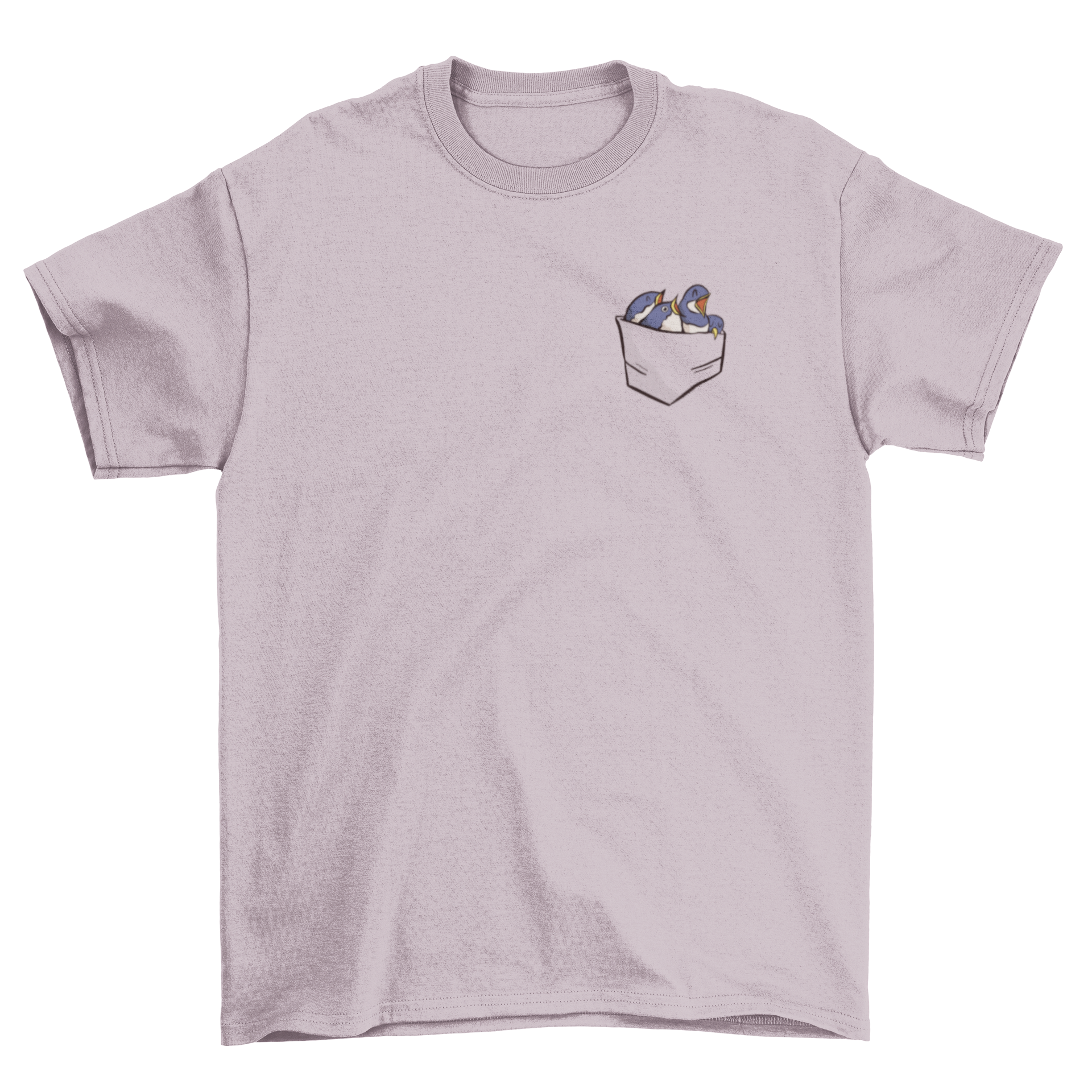 A cute t-shirt featuring four colorful baby birds peeking out of a shirt pocket, perfect for kids.