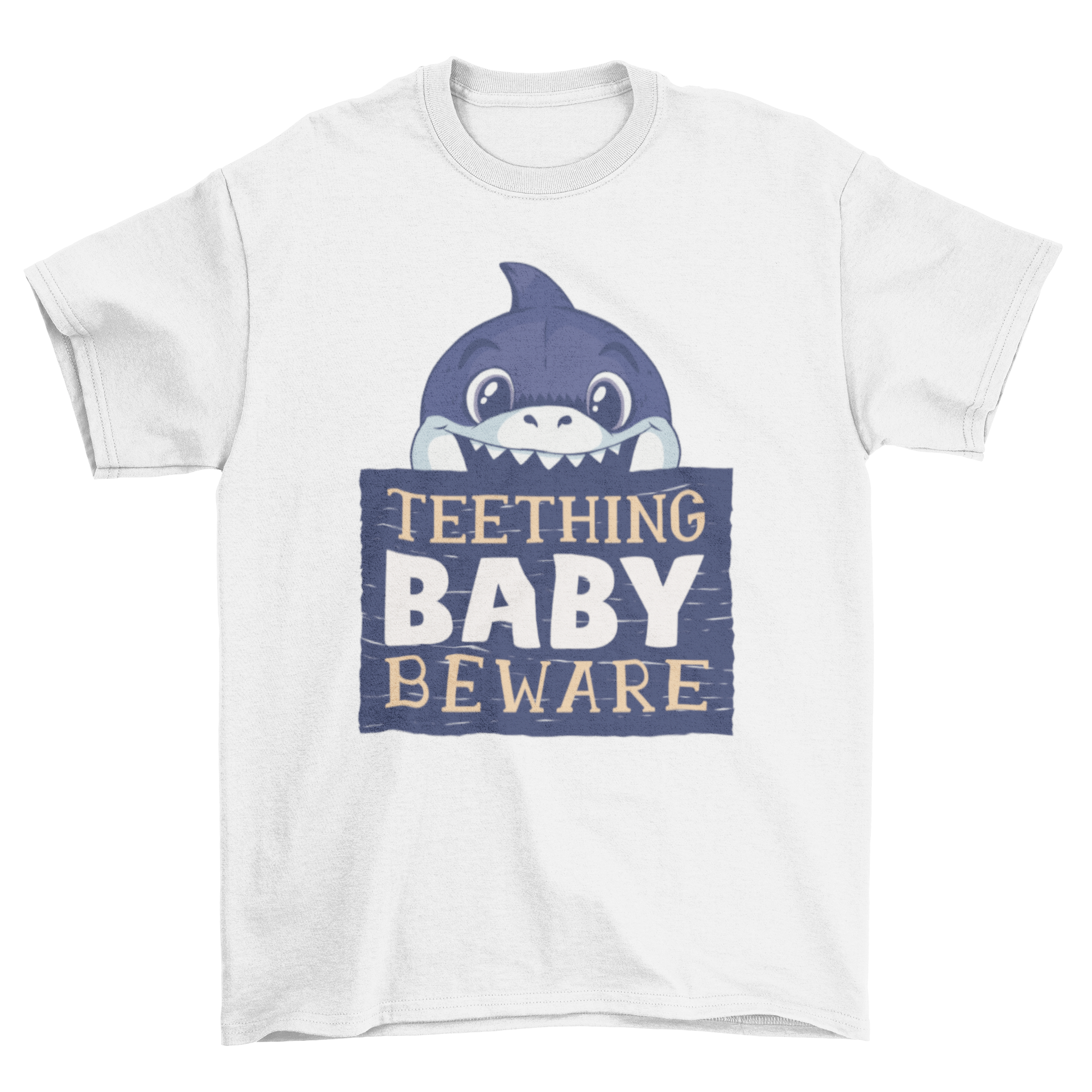 Baby Biter T-Shirt featuring a baby shark cartoon and the text 'Teething Baby Beware', perfect for teething babies.