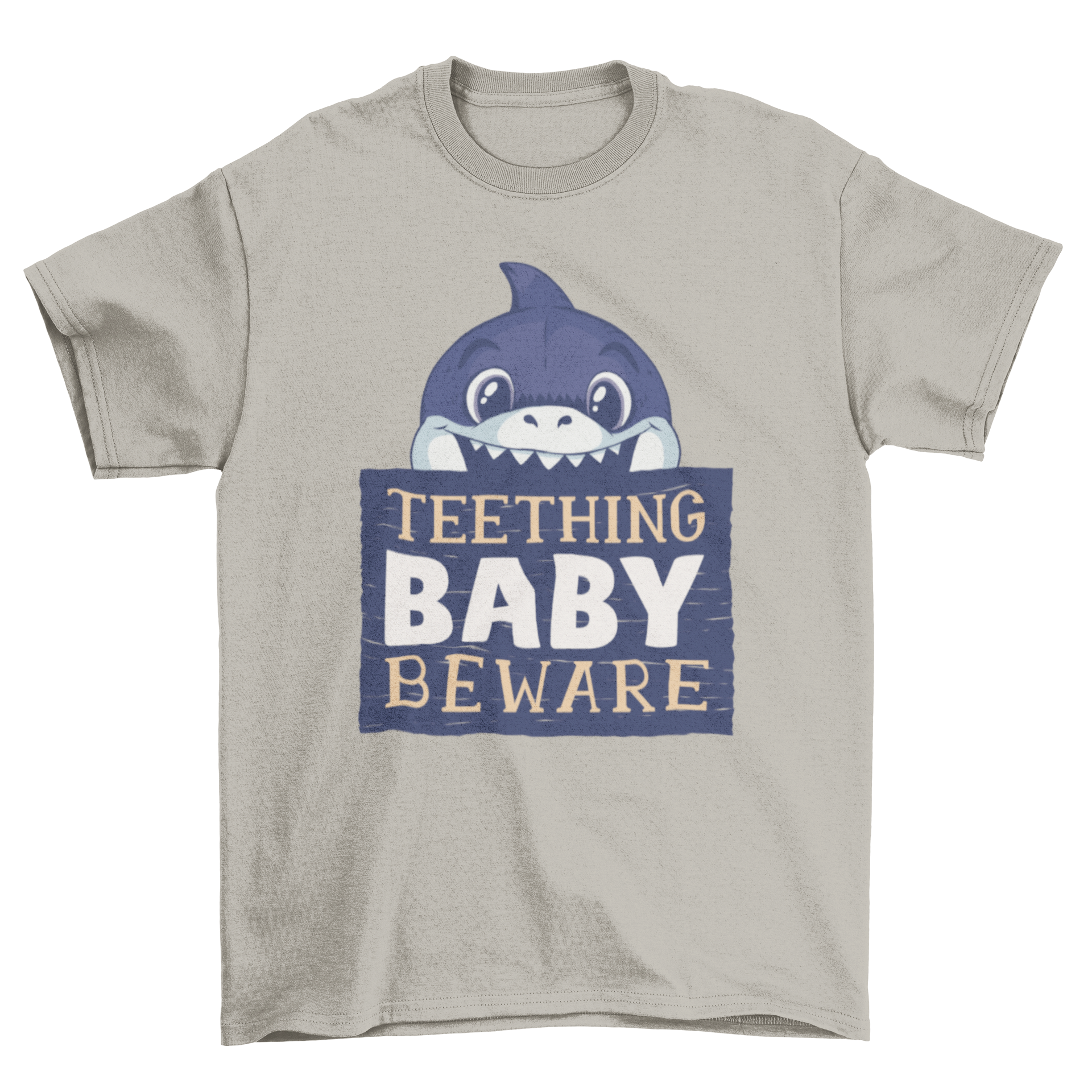 Baby Biter T-Shirt featuring a baby shark cartoon and the text 'Teething Baby Beware', perfect for teething babies.