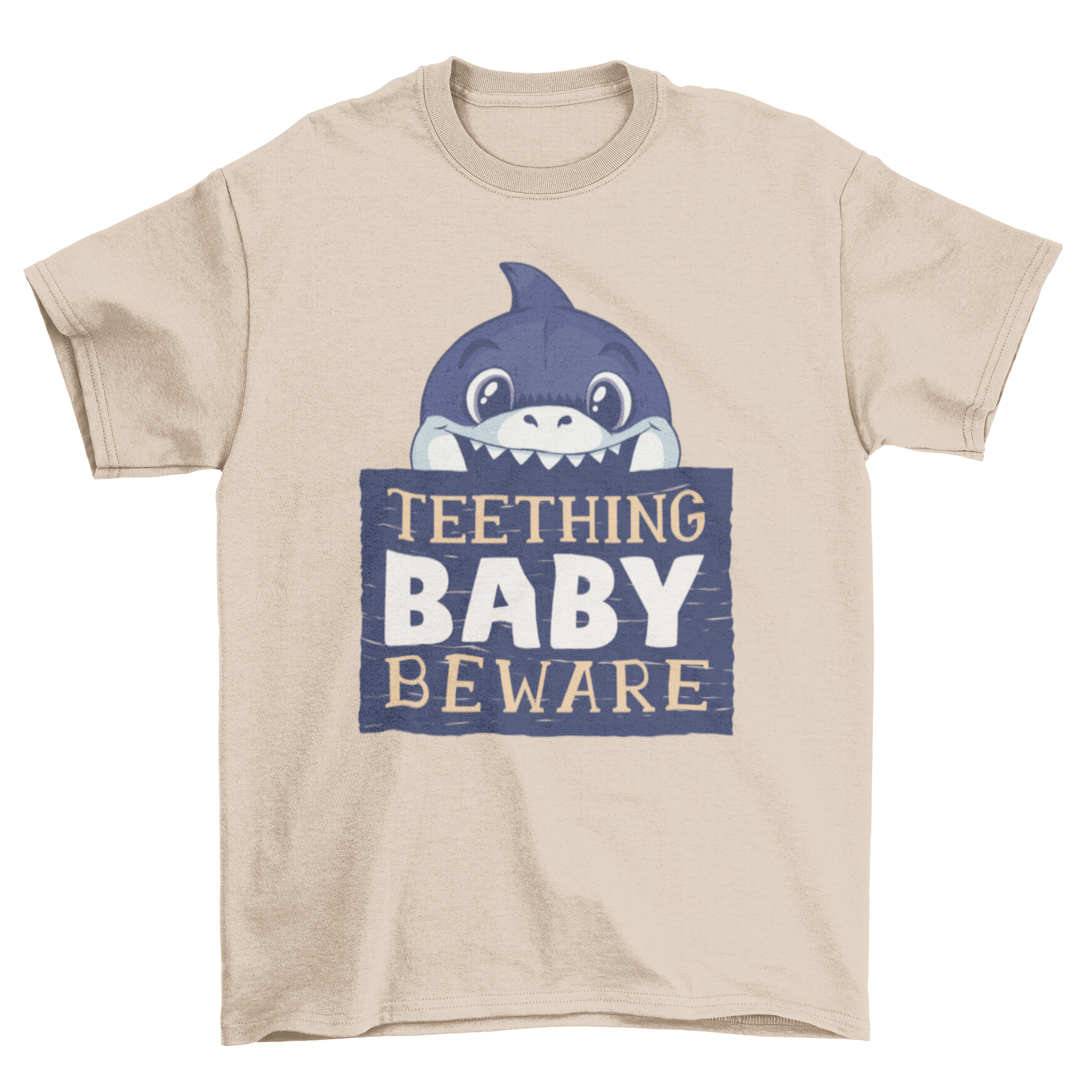 Baby Biter T-Shirt featuring a baby shark cartoon and the text 'Teething Baby Beware', perfect for teething babies.