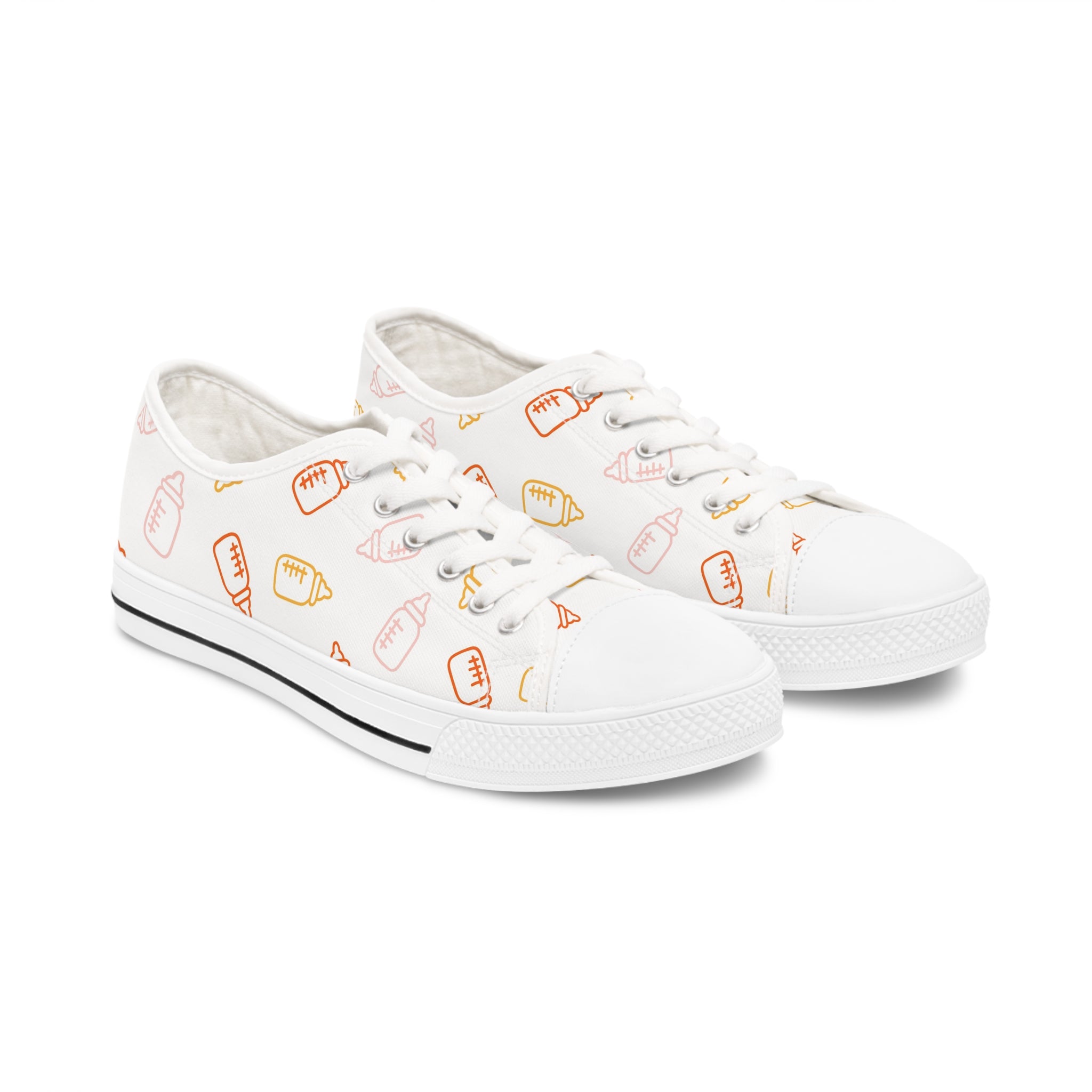 A pair of stylish Baby Bottle Women's Low Top Sneakers in black and white, showcasing breathable canvas and memory foam insoles.