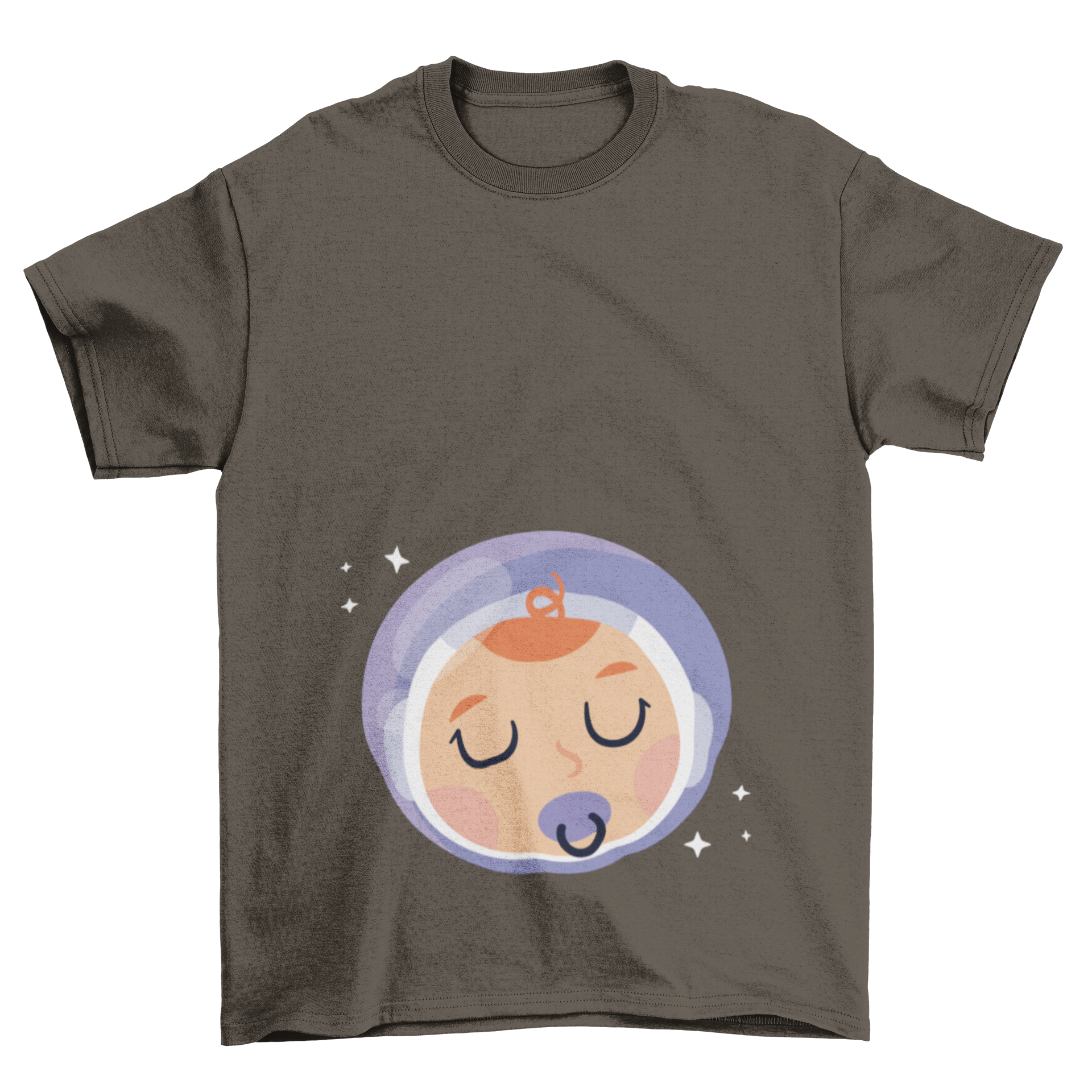 Adorable Baby Boy Astronaut T-shirt design featuring a sleeping baby with a pacifier and twinkling stars in the background.