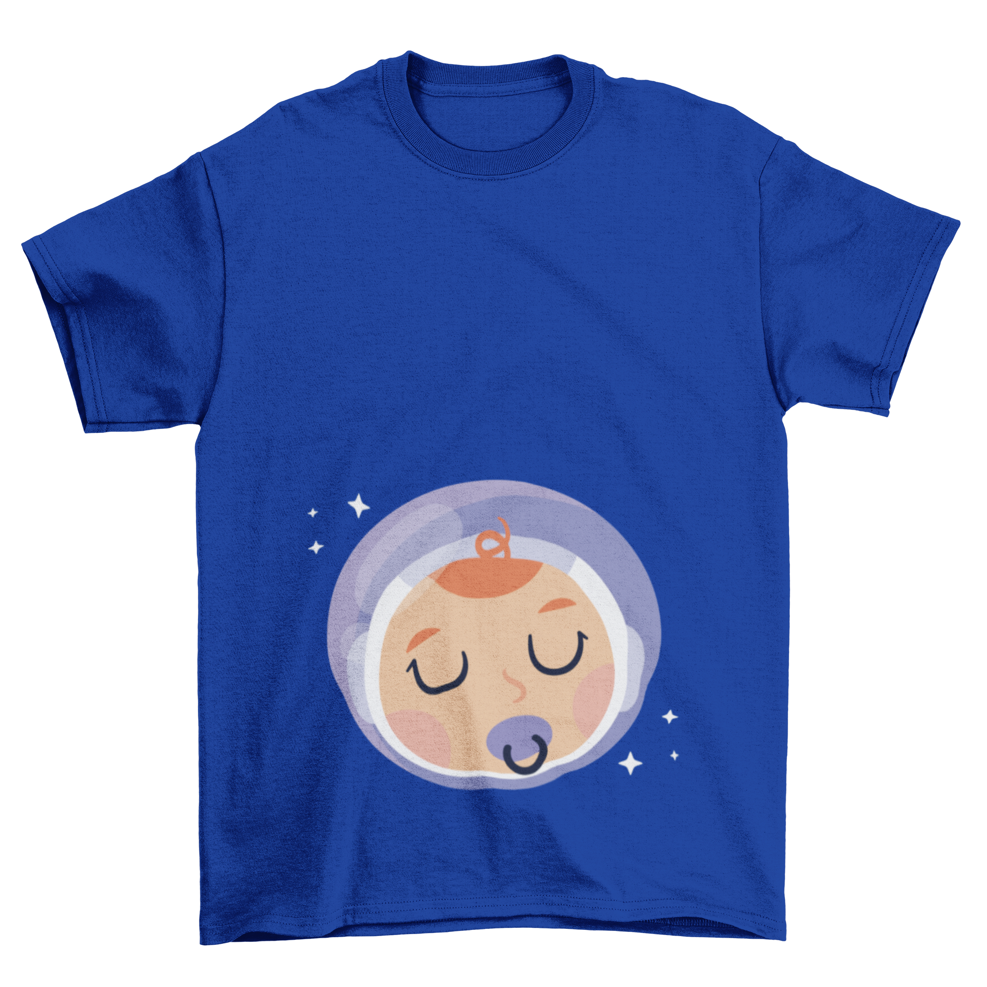 Adorable Baby Boy Astronaut T-shirt design featuring a sleeping baby with a pacifier and twinkling stars in the background.