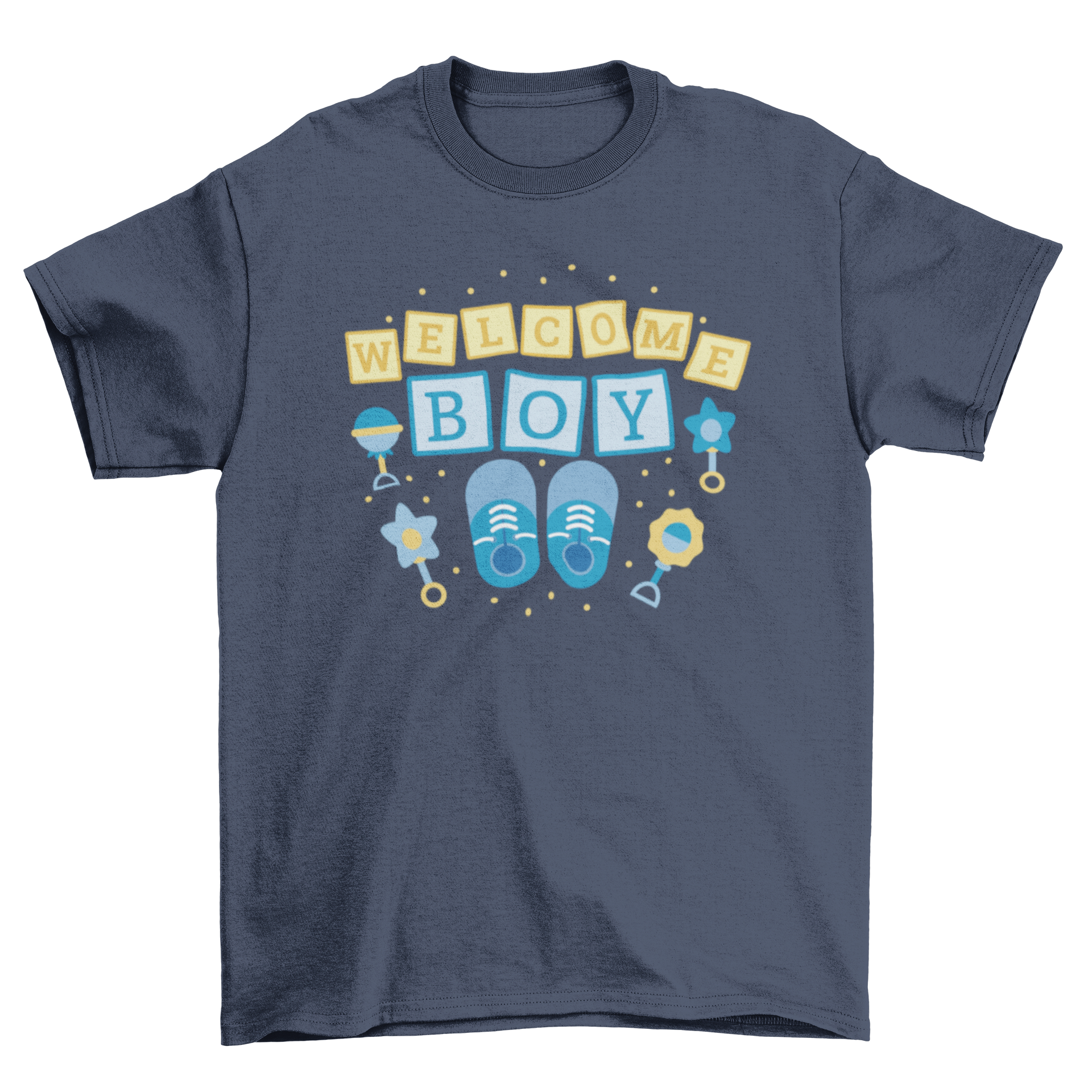 Cute baby boy t-shirt design with 'Welcome boy' quote and playful toys and shoes graphics.