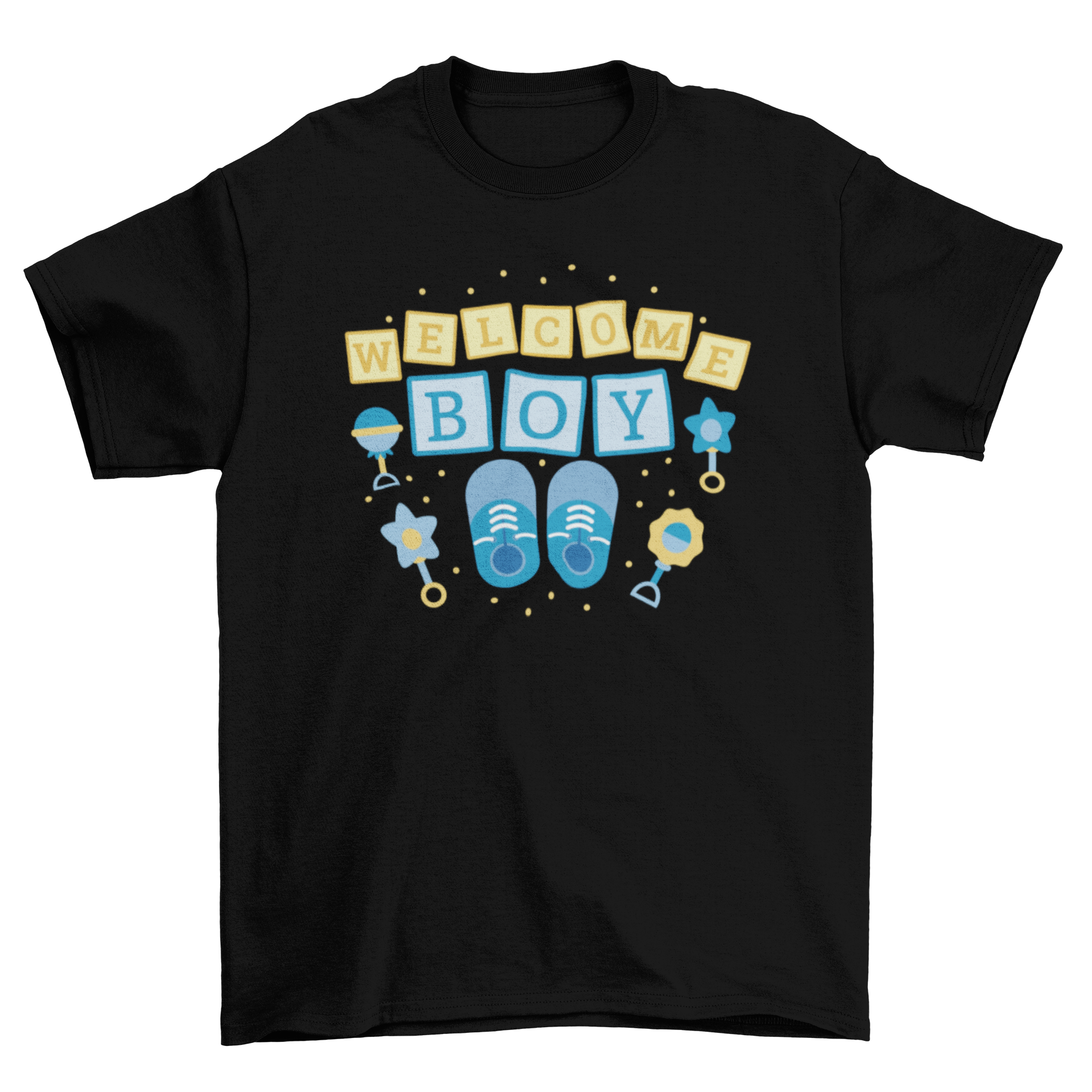 Cute baby boy t-shirt design with 'Welcome boy' quote and playful toys and shoes graphics.