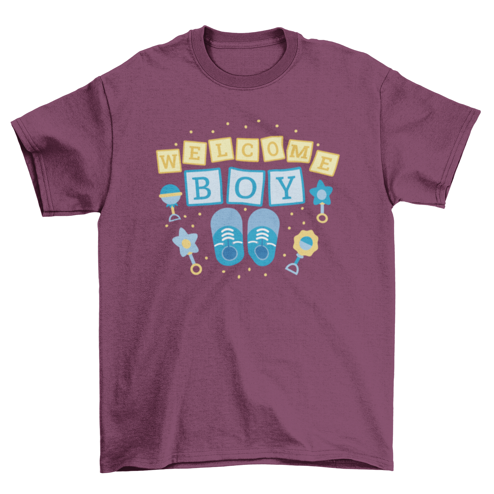 Cute baby boy t-shirt design with 'Welcome boy' quote and playful toys and shoes graphics.