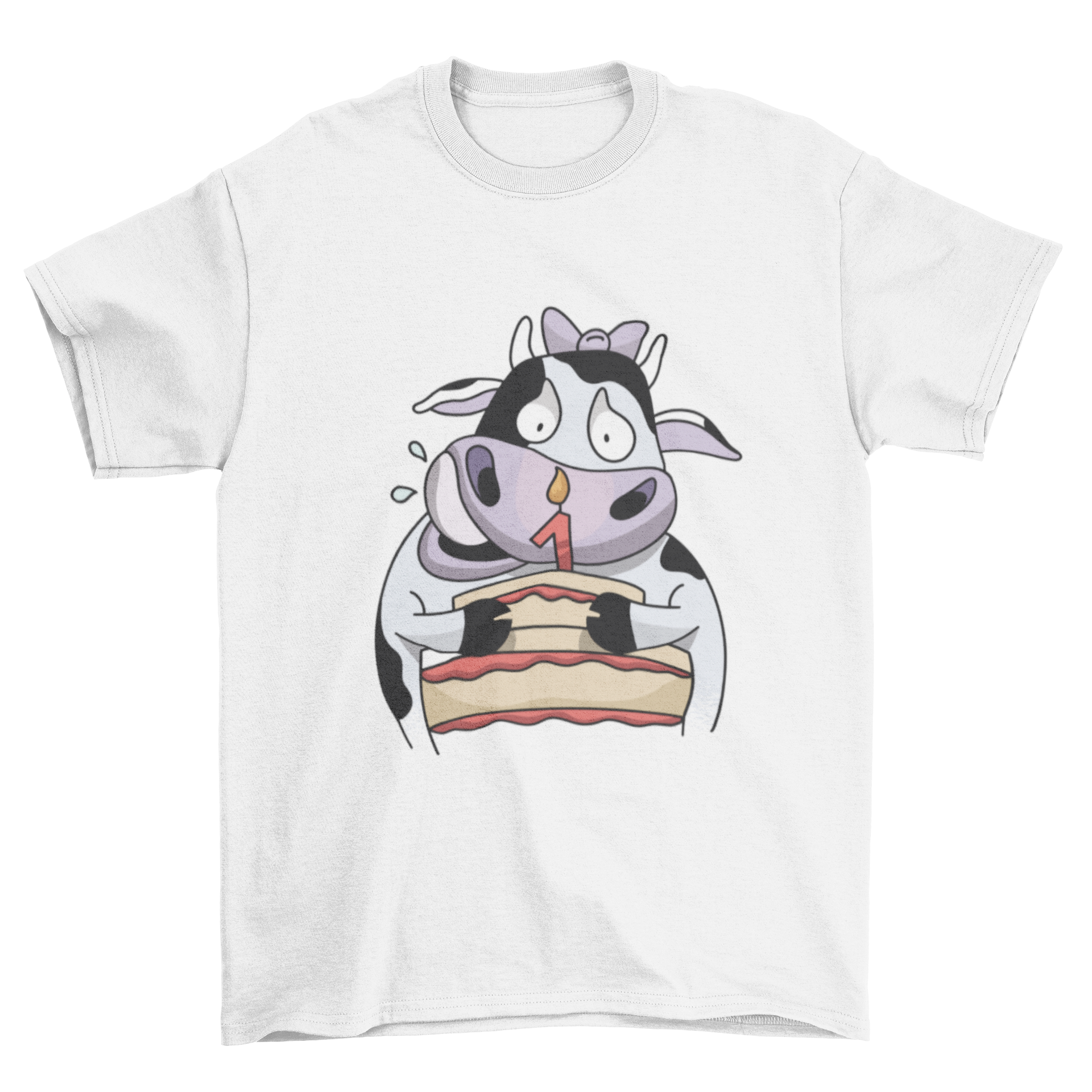 A cute baby cow cartoon on a birthday t-shirt with a colorful birthday cake design.