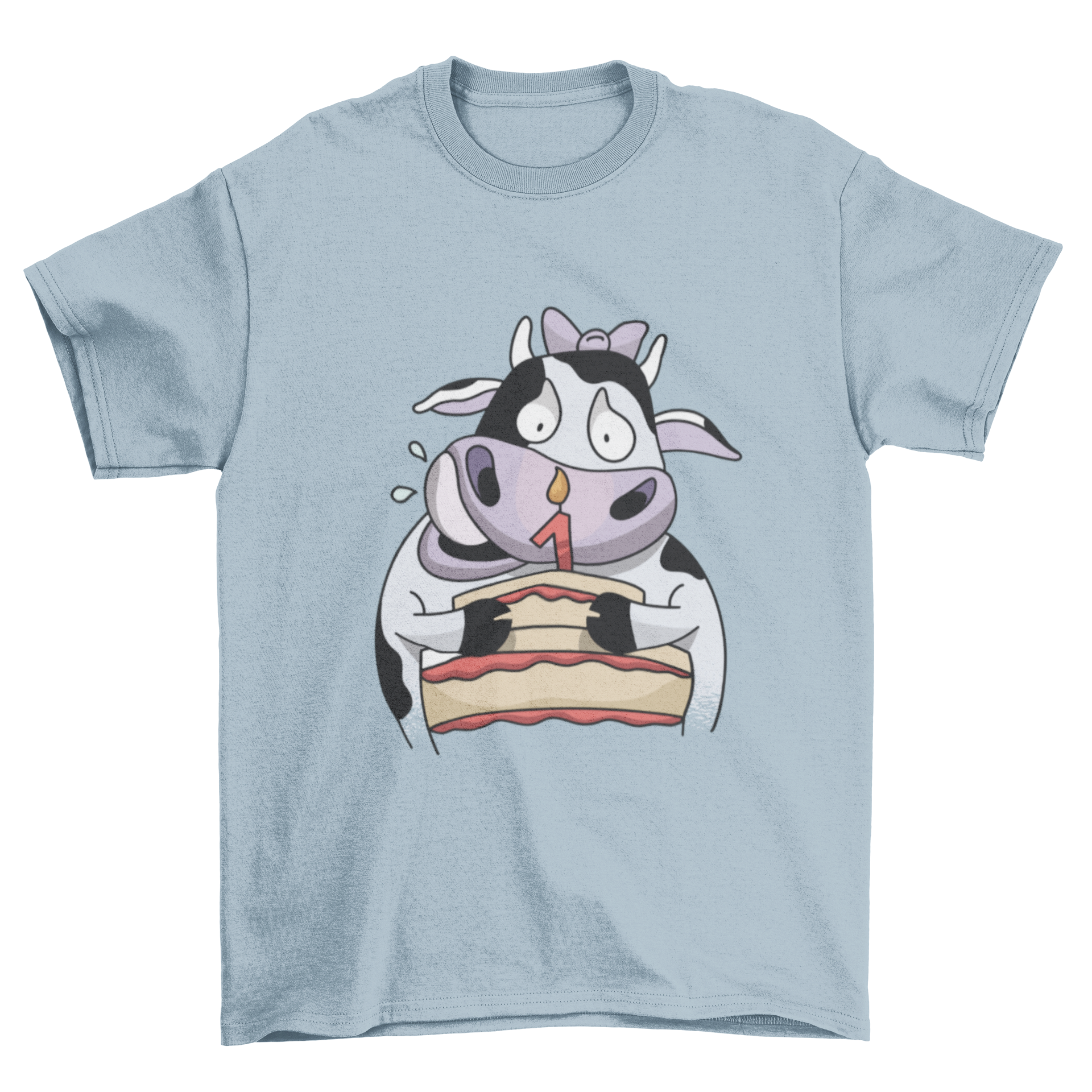 A cute baby cow cartoon on a birthday t-shirt with a colorful birthday cake design.