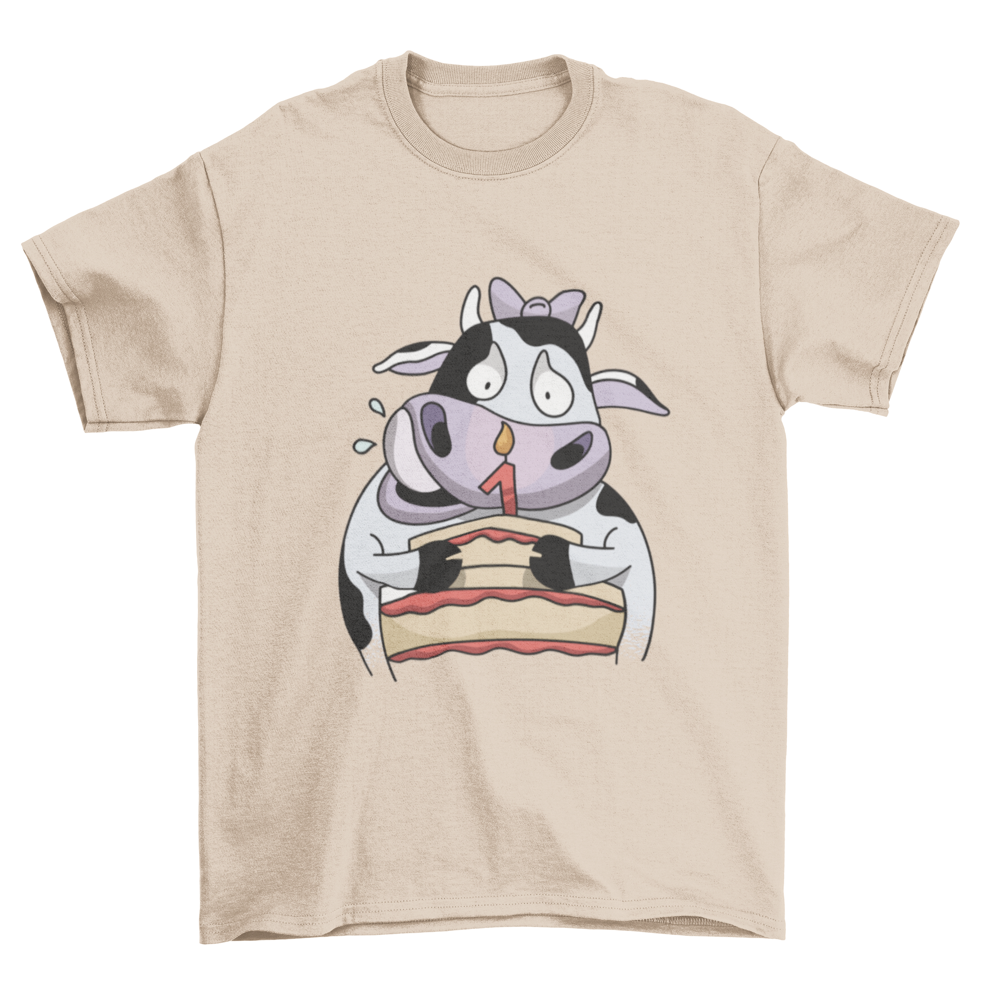 A cute baby cow cartoon on a birthday t-shirt with a colorful birthday cake design.