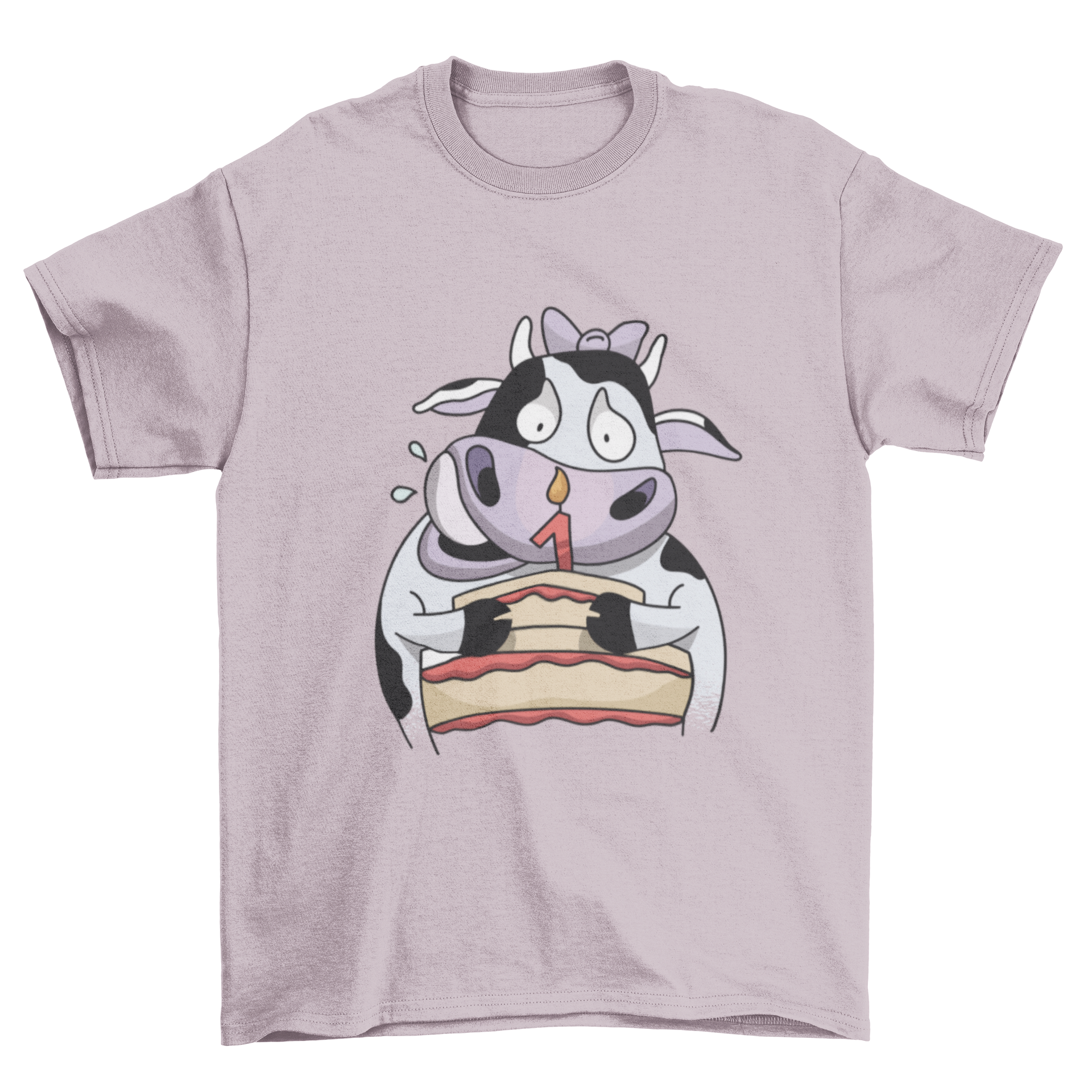 A cute baby cow cartoon on a birthday t-shirt with a colorful birthday cake design.