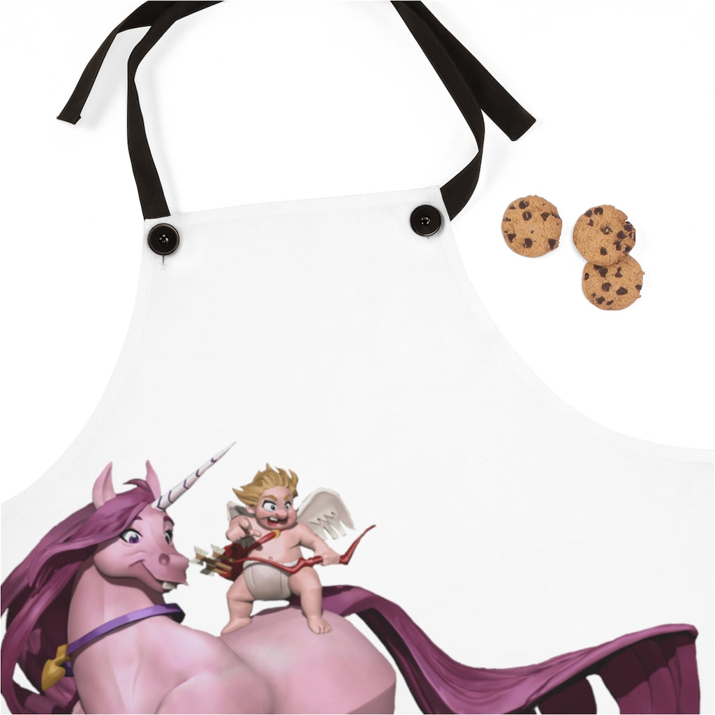 A stylish Baby Cupid and Horse Apron featuring a vibrant design, made from durable polyester with black detachable twill straps.