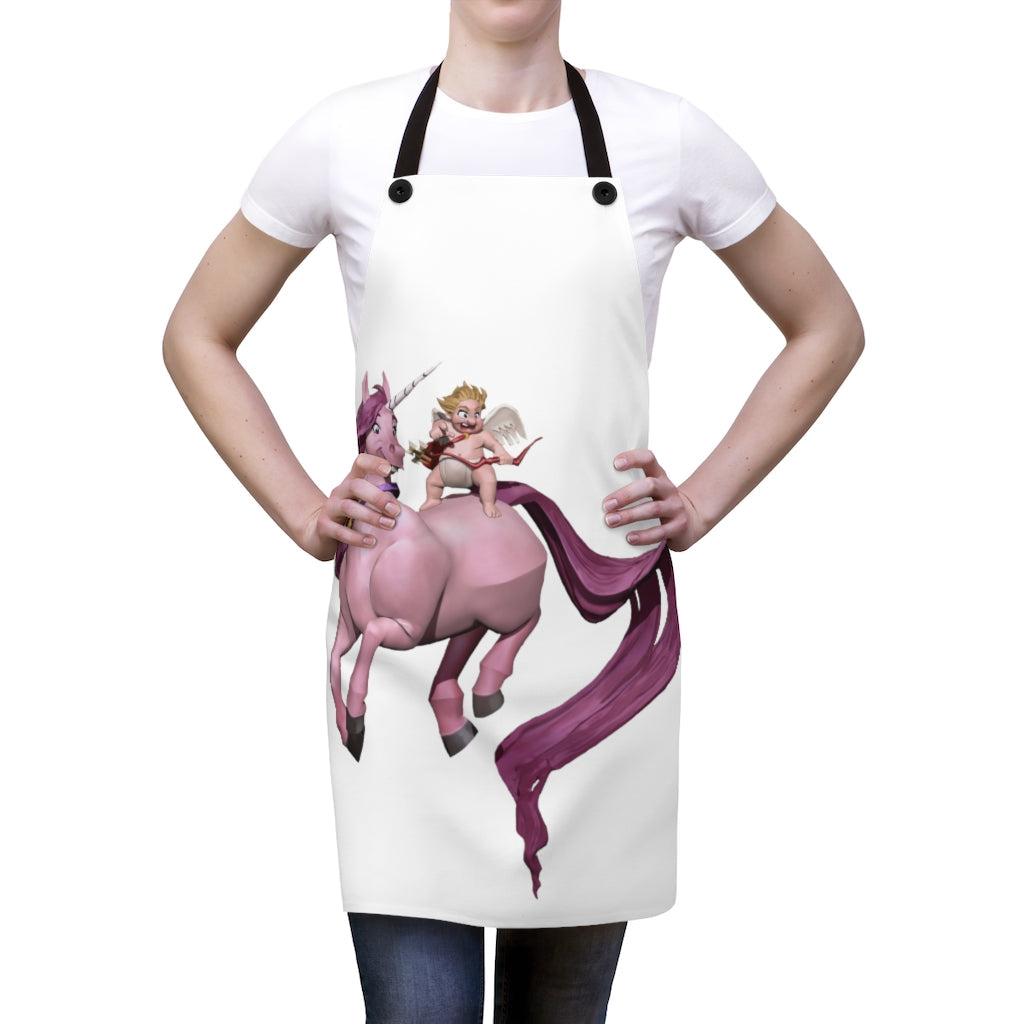 A stylish Baby Cupid and Horse Apron featuring a vibrant design, made from durable polyester with black detachable twill straps.