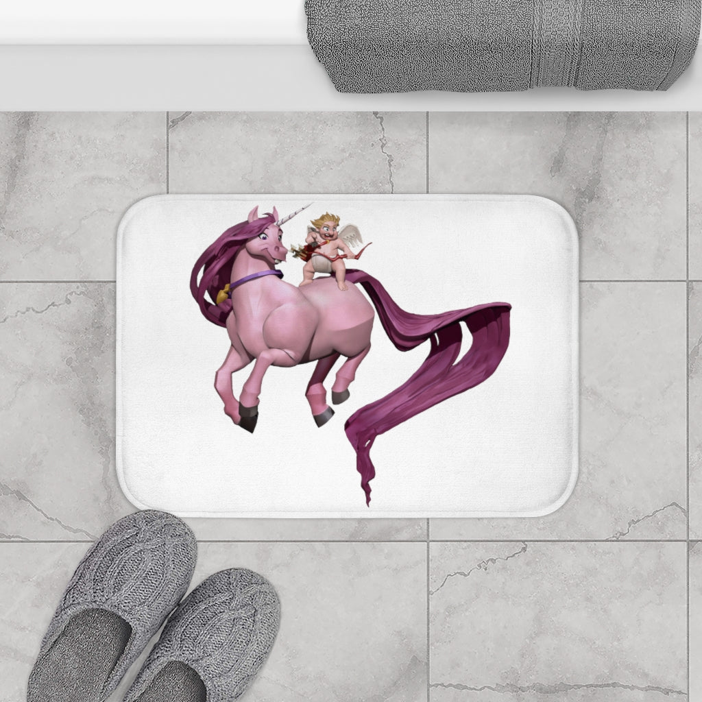 Baby Cupid and Horse Bath Mat with anti-slip backing, featuring a whimsical design in soft microfiber material.