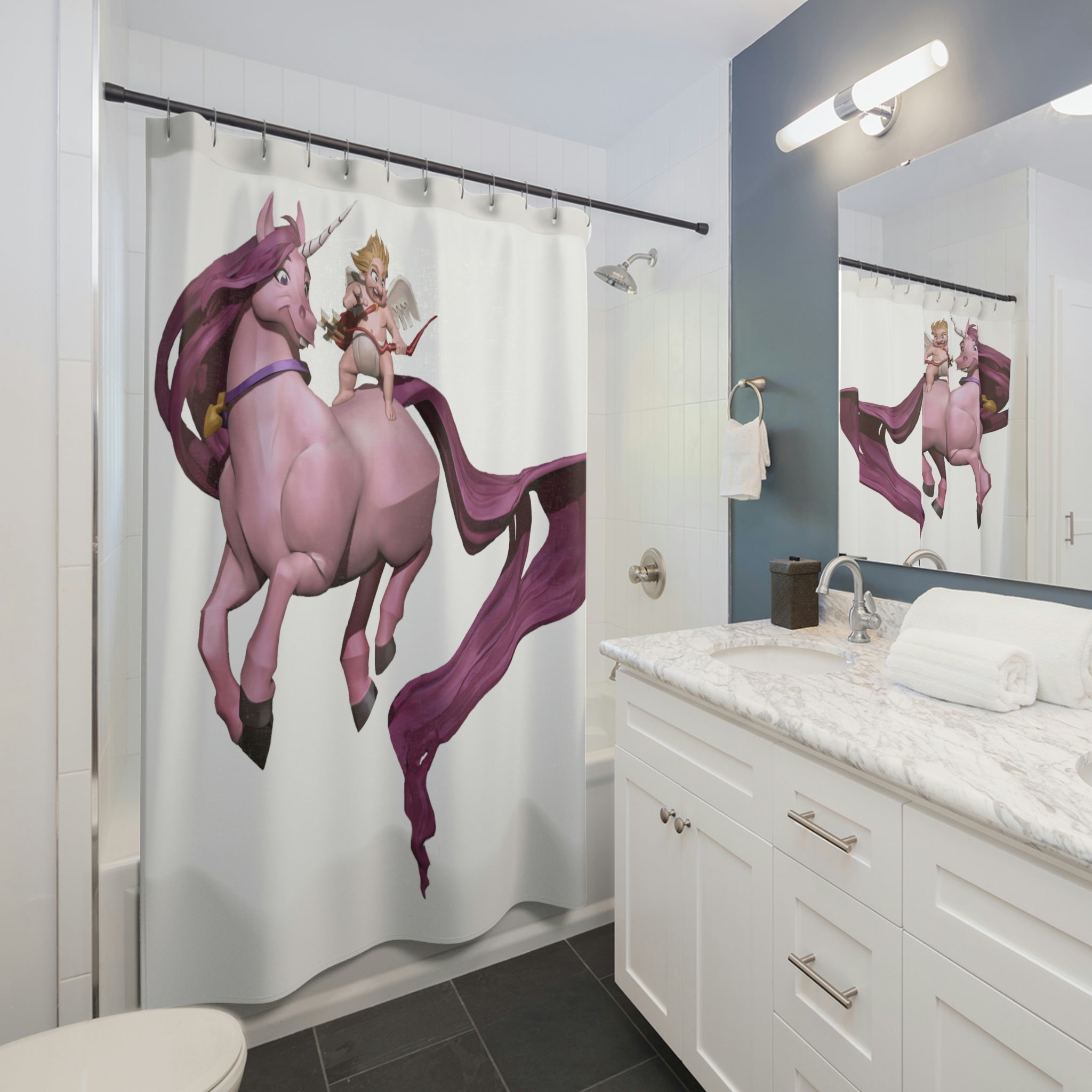 Colorful Baby Cupid and Horse shower curtain made of durable polyester, featuring a whimsical design perfect for children's bathrooms.