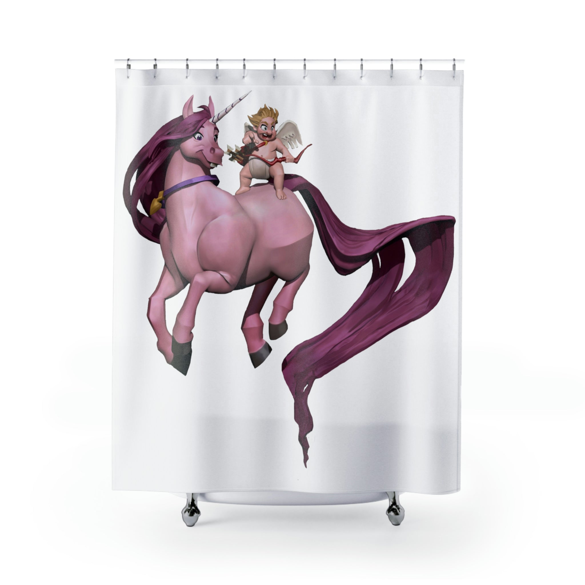 Colorful Baby Cupid and Horse shower curtain made of durable polyester, featuring a whimsical design perfect for children's bathrooms.