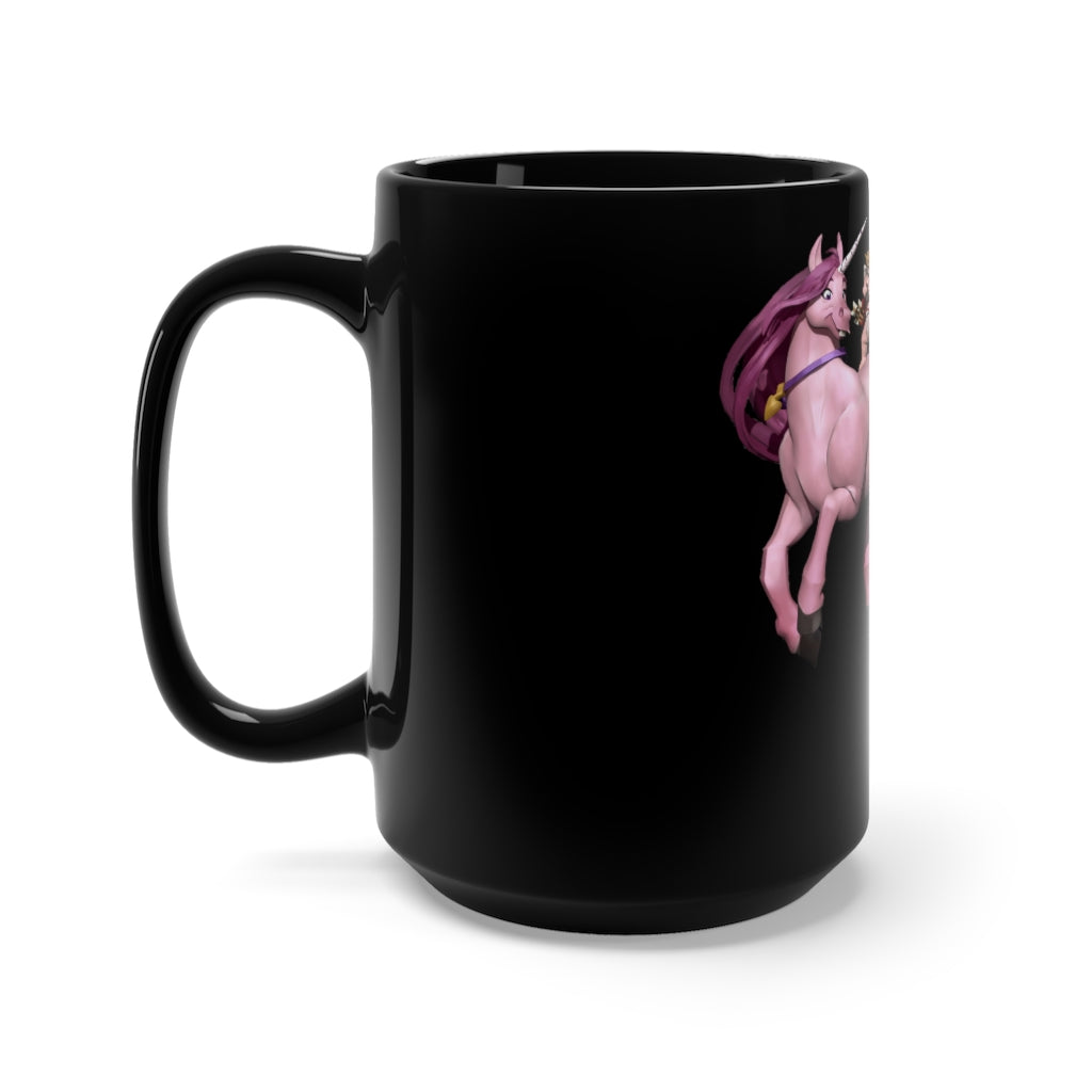 A stylish 15oz black ceramic mug featuring a unique Baby Cupid and Horse design, perfect for coffee and tea lovers.