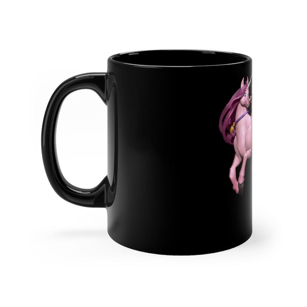 A stylish 11oz black ceramic mug featuring a design of Baby Cupid and a horse, showcasing its full-wrap decoration and comfortable C-handle.