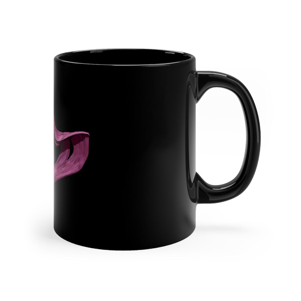 A stylish 11oz black ceramic mug featuring a design of Baby Cupid and a horse, showcasing its full-wrap decoration and comfortable C-handle.