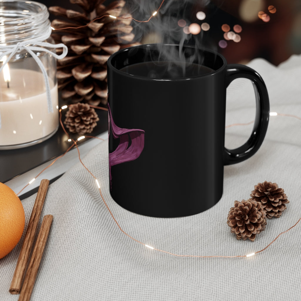 A stylish 11oz black ceramic mug featuring a design of Baby Cupid and a horse, showcasing its full-wrap decoration and comfortable C-handle.