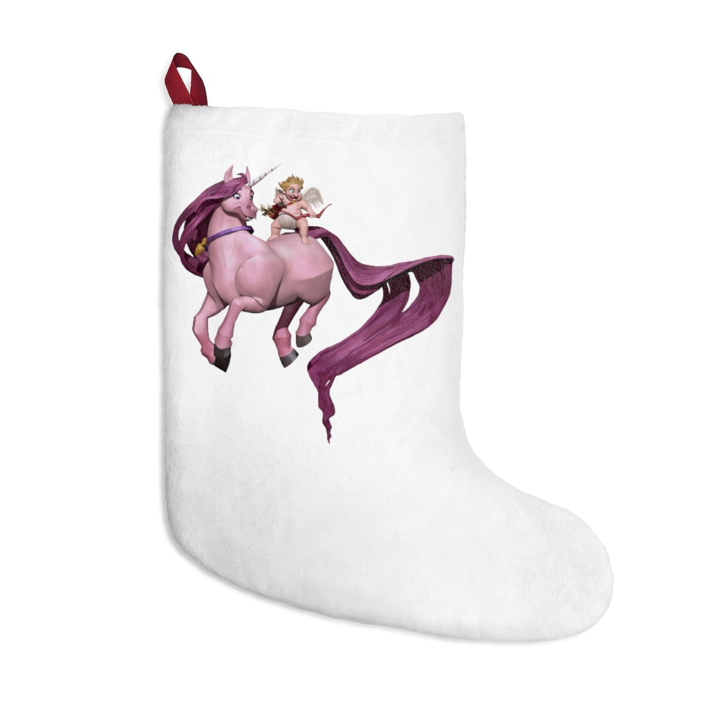 Personalized Baby Cupid and Horse Christmas Stockings hanging by a fireplace, featuring soft fleece material and festive designs.