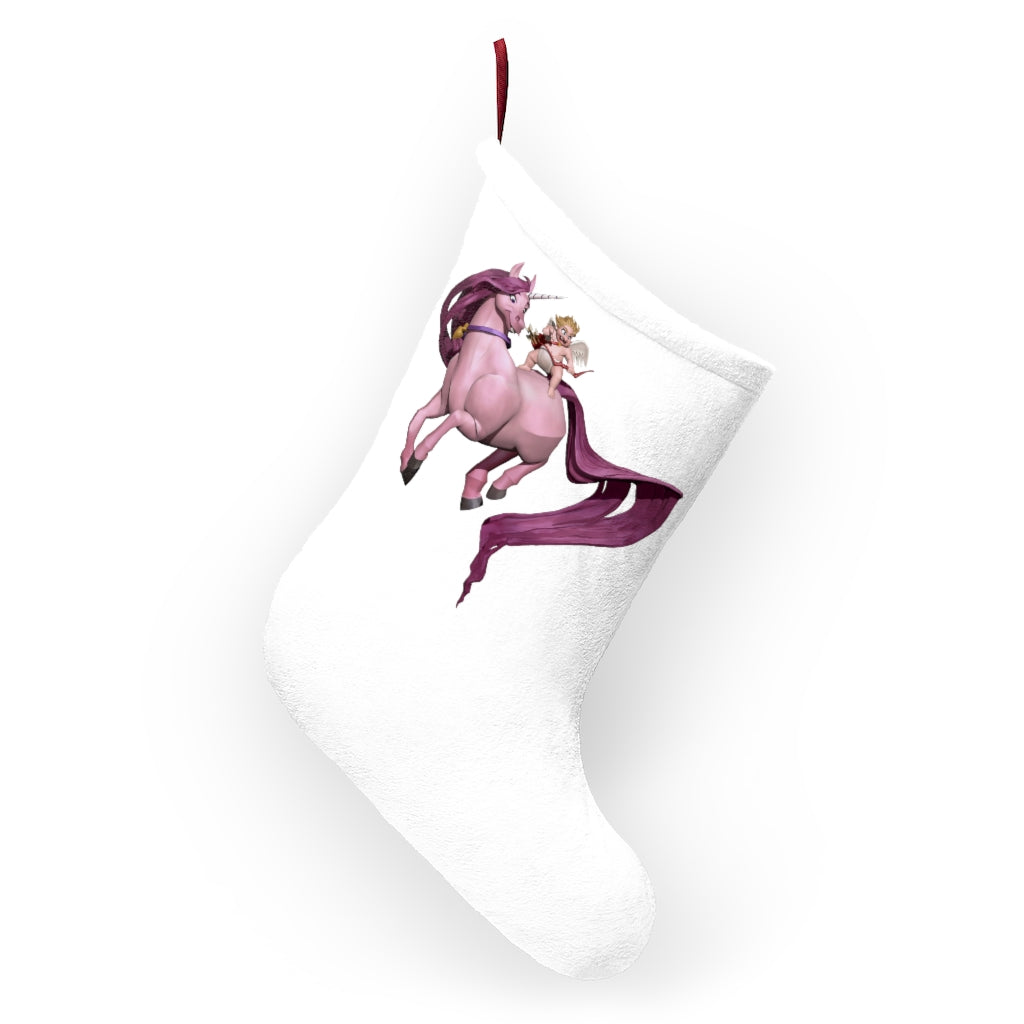 Personalized Baby Cupid and Horse Christmas Stockings hanging by a fireplace, featuring soft fleece material and festive designs.