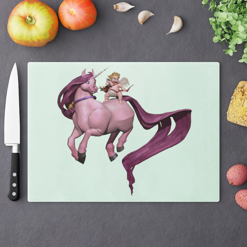 A personalized Baby Cupid and Horse Cutting Board made of tempered glass, featuring a whimsical design and rubber dots for stability.